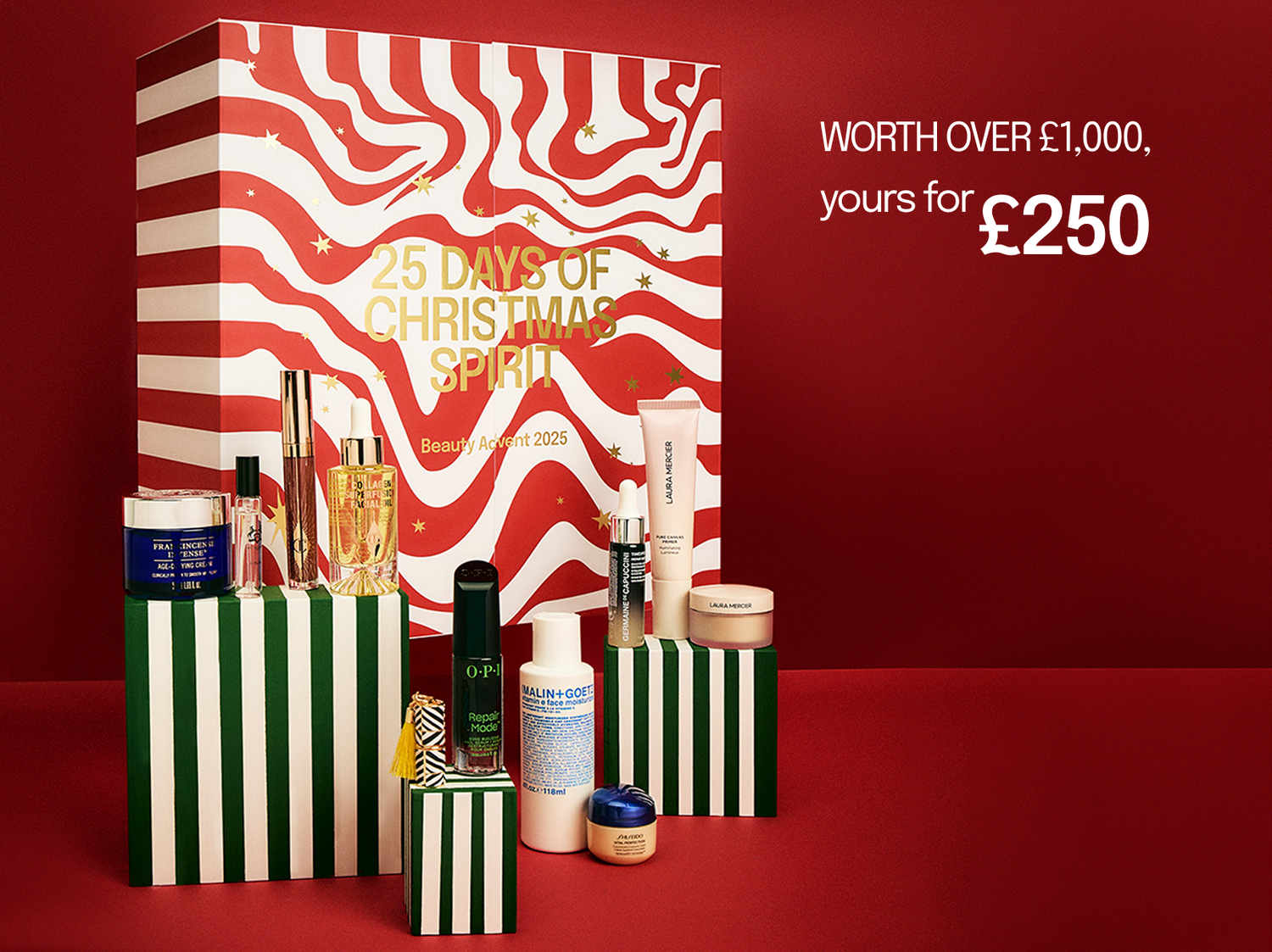 Cosmetic advent calendar with products on a red background