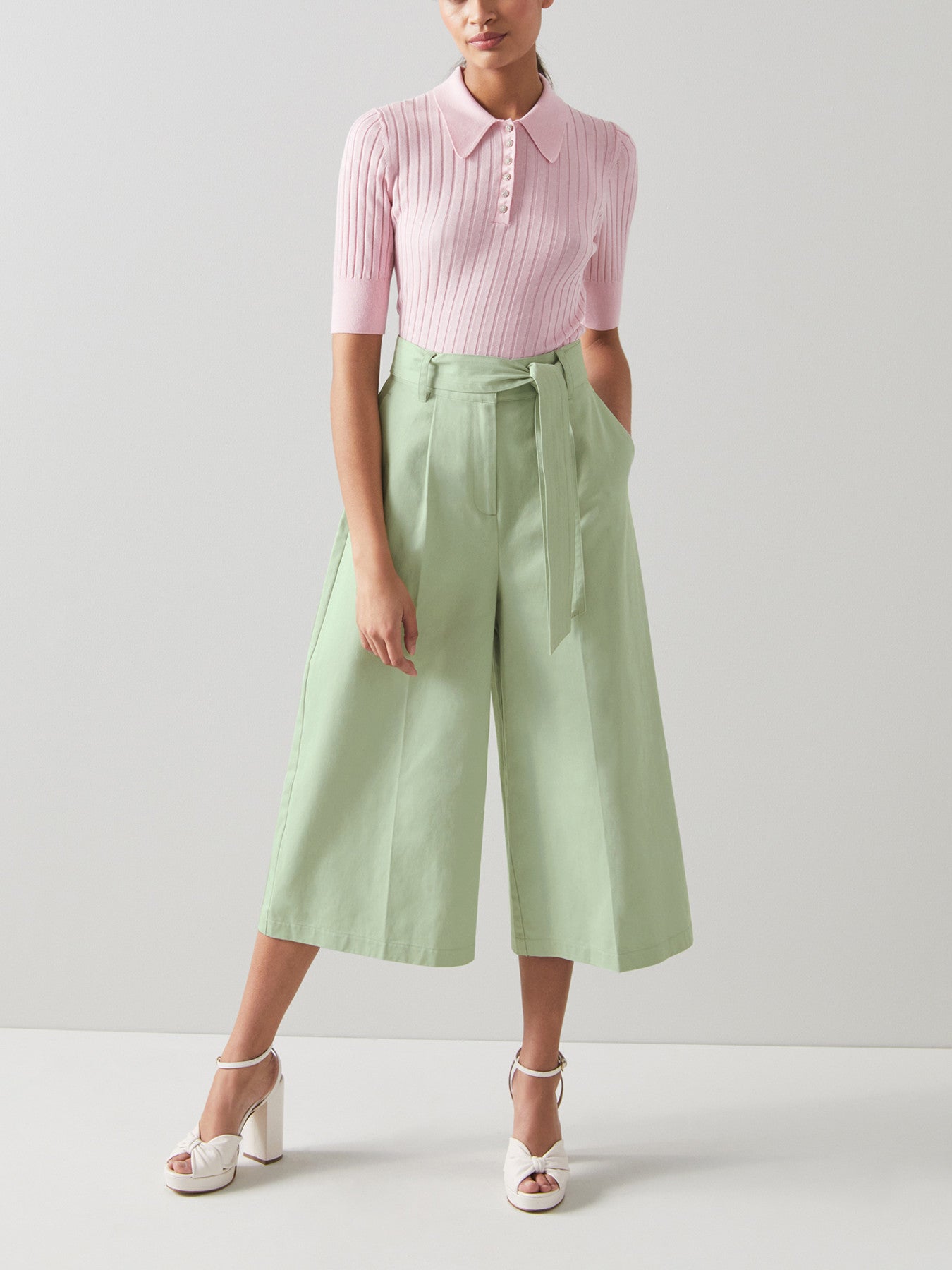Lena Mint Cotton Wide Leg Cropped Trousers