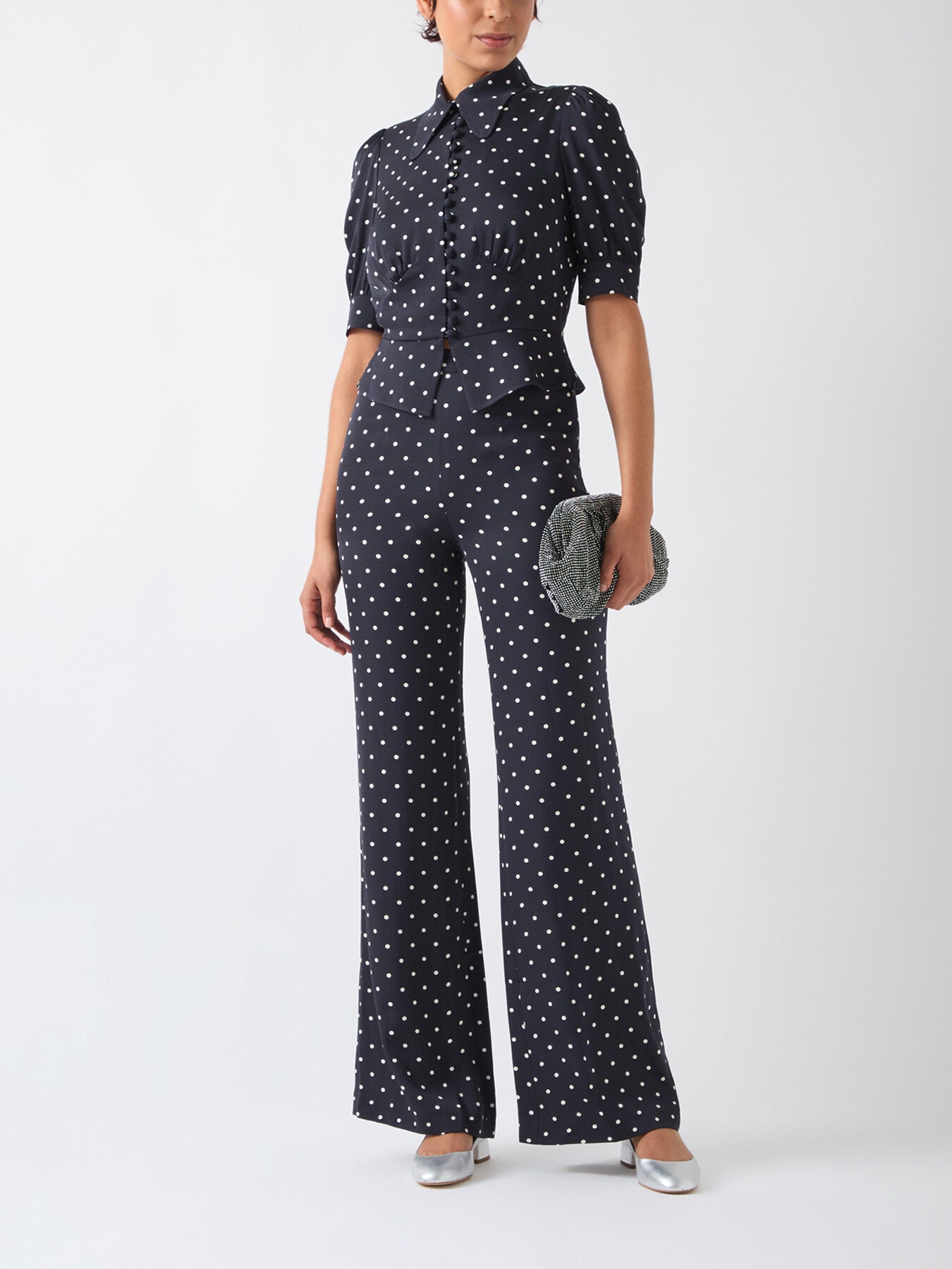 Elsie Spring Navy & Birch Viscose 40'S Polka Dot Button