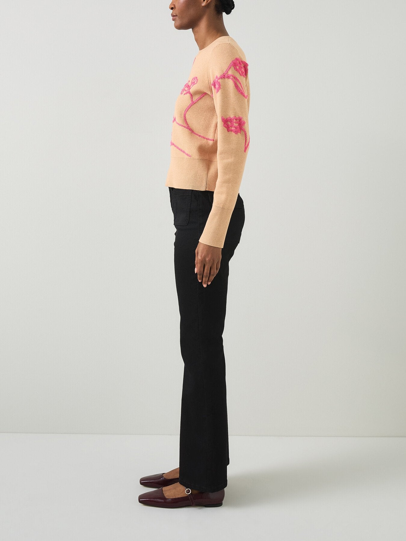 Henrietta Camel & Bright Pink Flower Detail Jumper