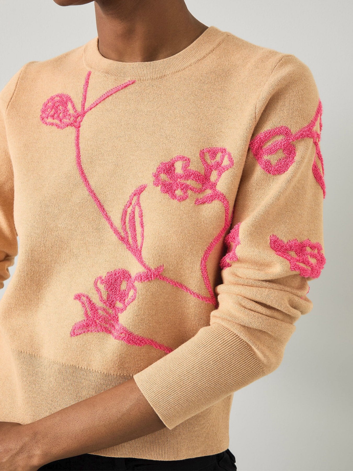 Henrietta Camel & Bright Pink Flower Detail Jumper