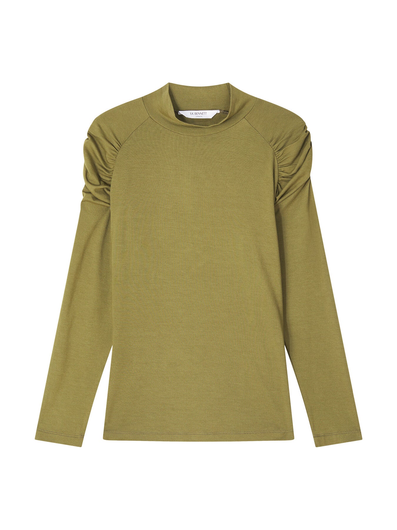 Lacey Olive Gathered Shoulder Turtle Neck Jersey Top