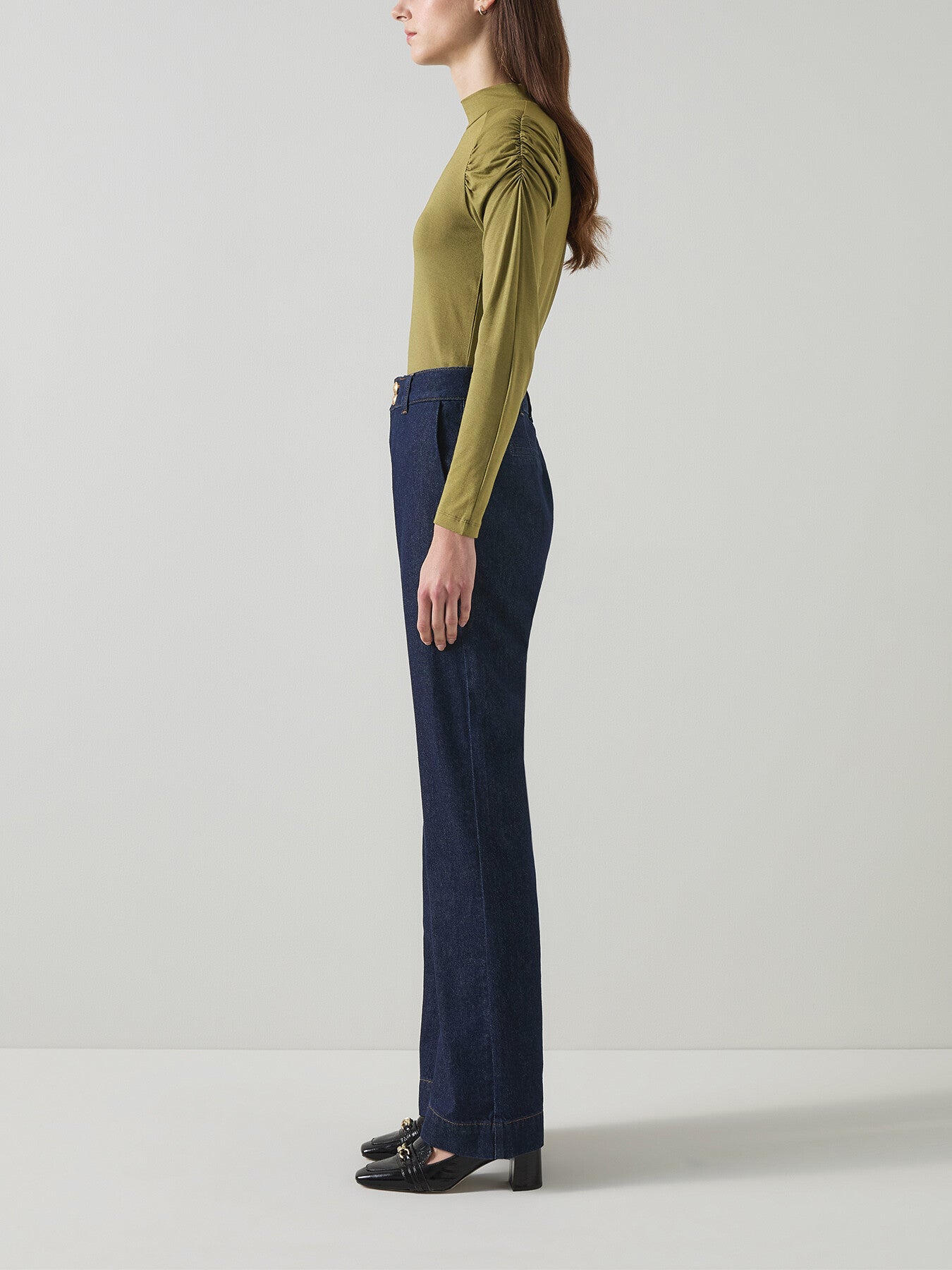 Lacey Olive Gathered Shoulder Turtle Neck Jersey Top
