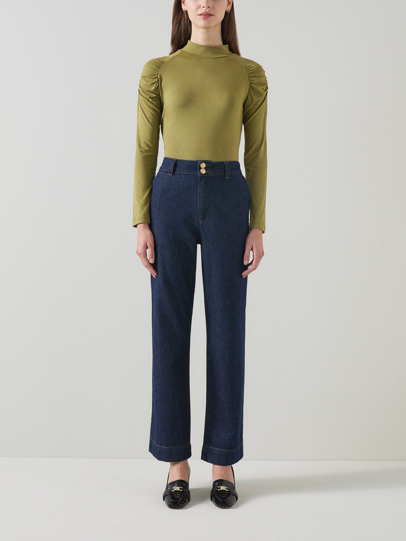 Lacey Olive Gathered Shoulder Turtle Neck Jersey Top