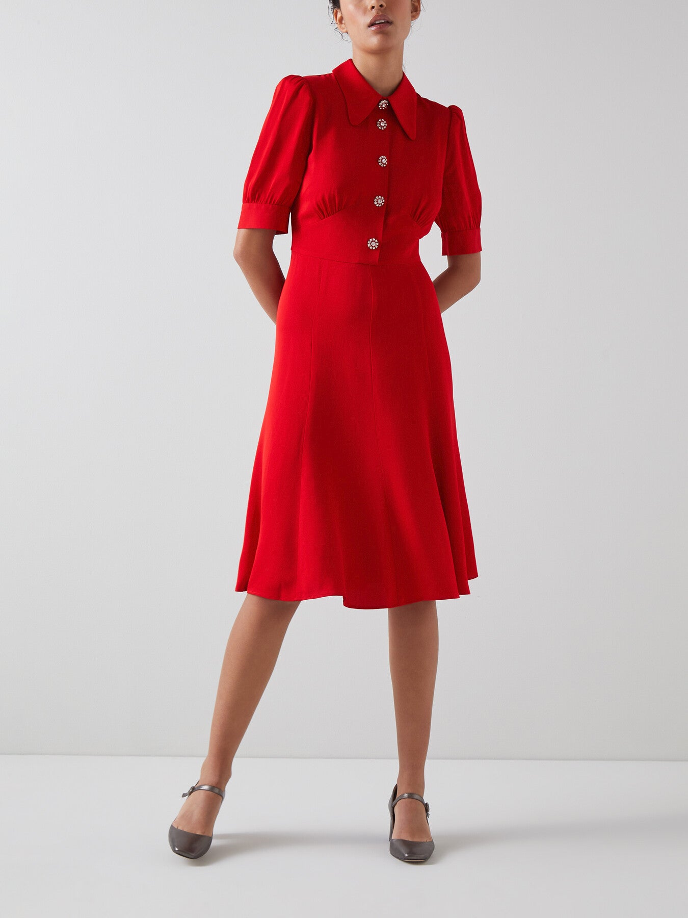 Esme Red Crepe Crystal Button Tea Dress