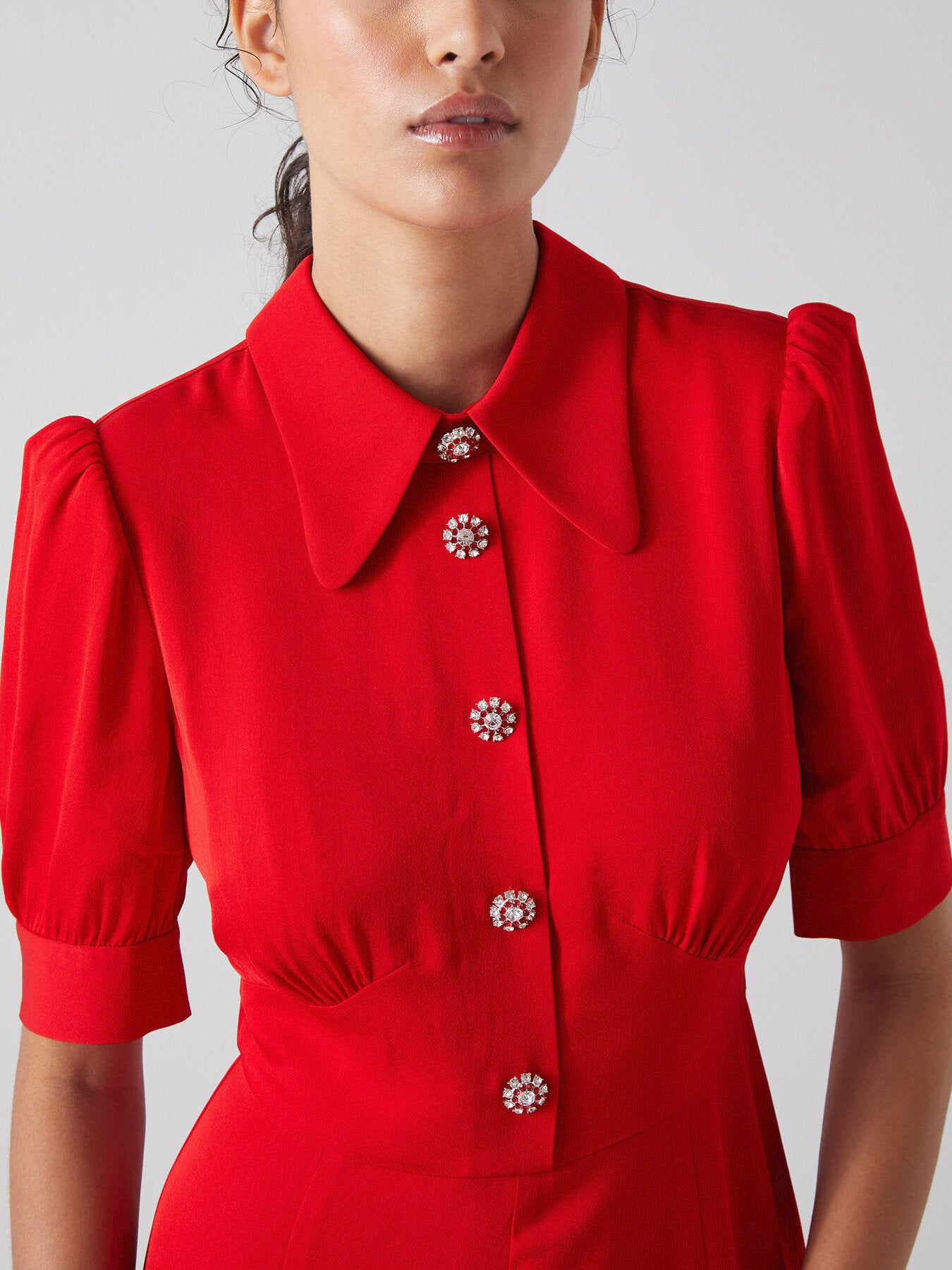 Esme Red Crepe Crystal Button Tea Dress