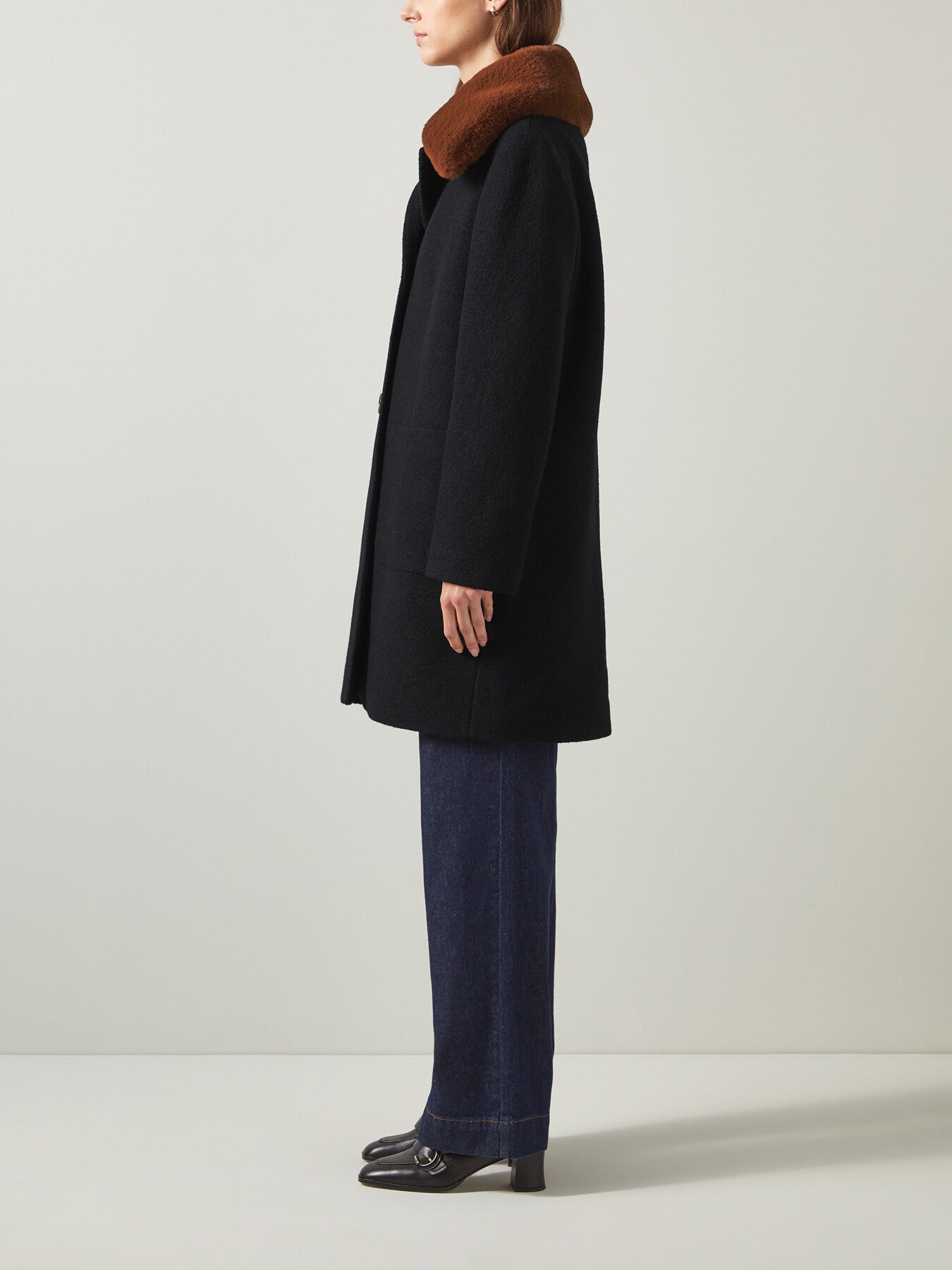 Aster Black & Cognac Boucle Coat With Faux Fur Collar