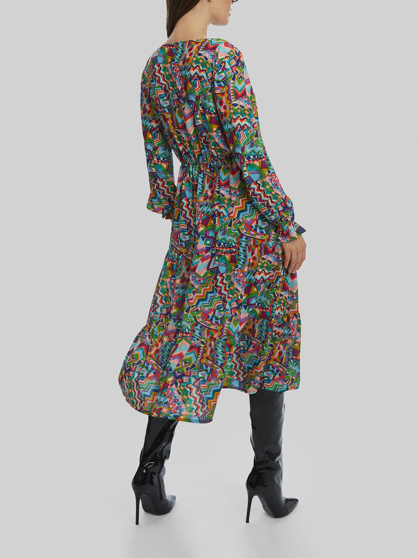 Printed V-Neck Tiered Midi Dress