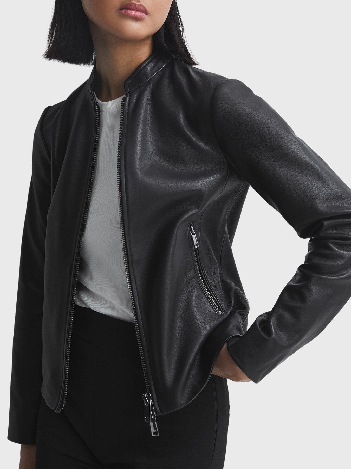 Allie Leather Collarless Biker Jacket
