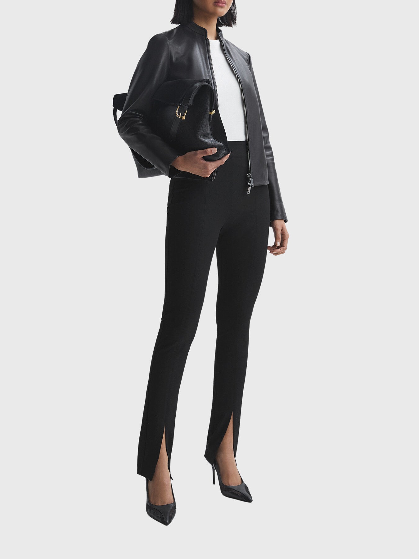 Allie Leather Collarless Biker Jacket