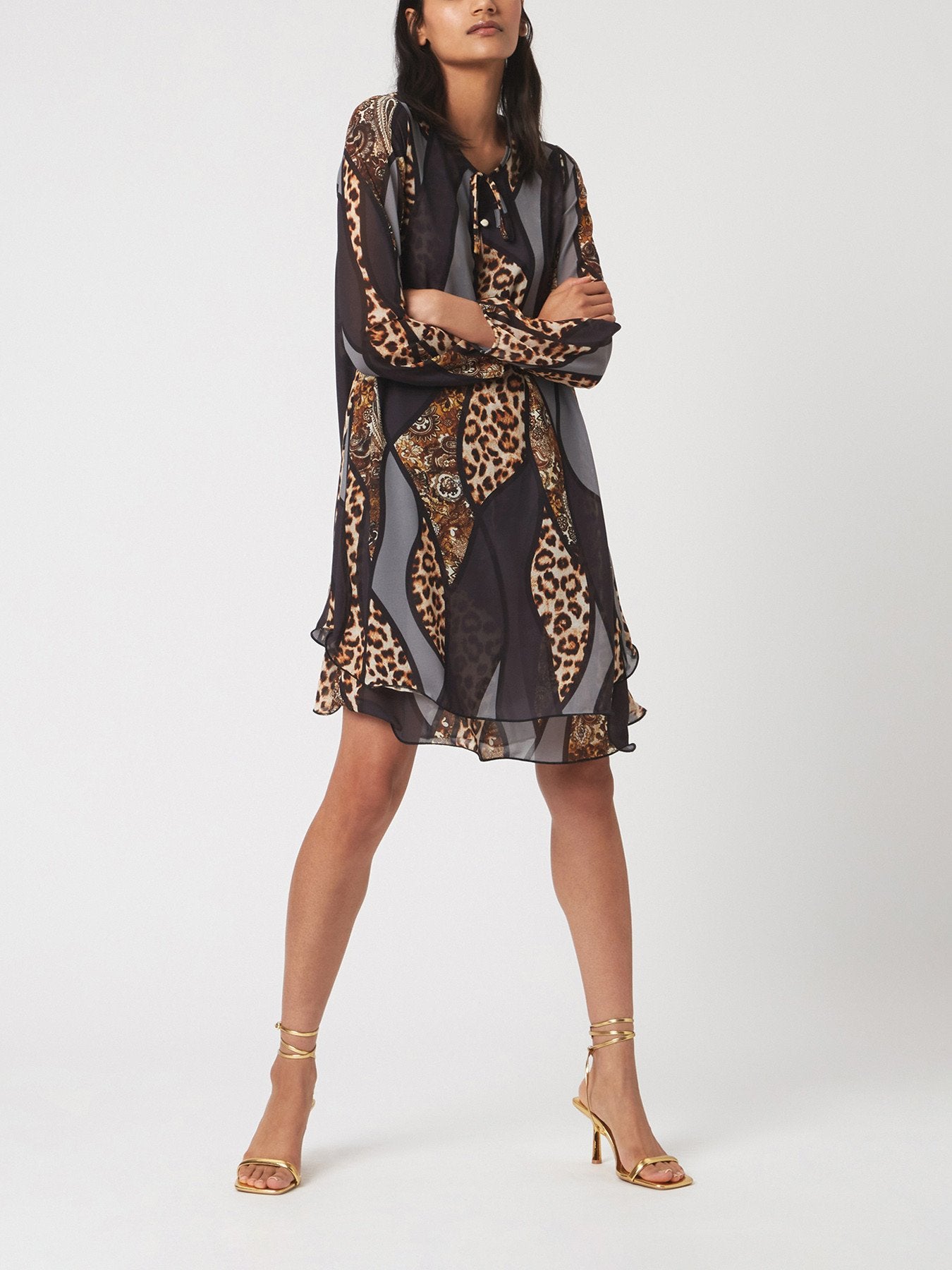Tie Up Long Sleeve Wave Hem Dress