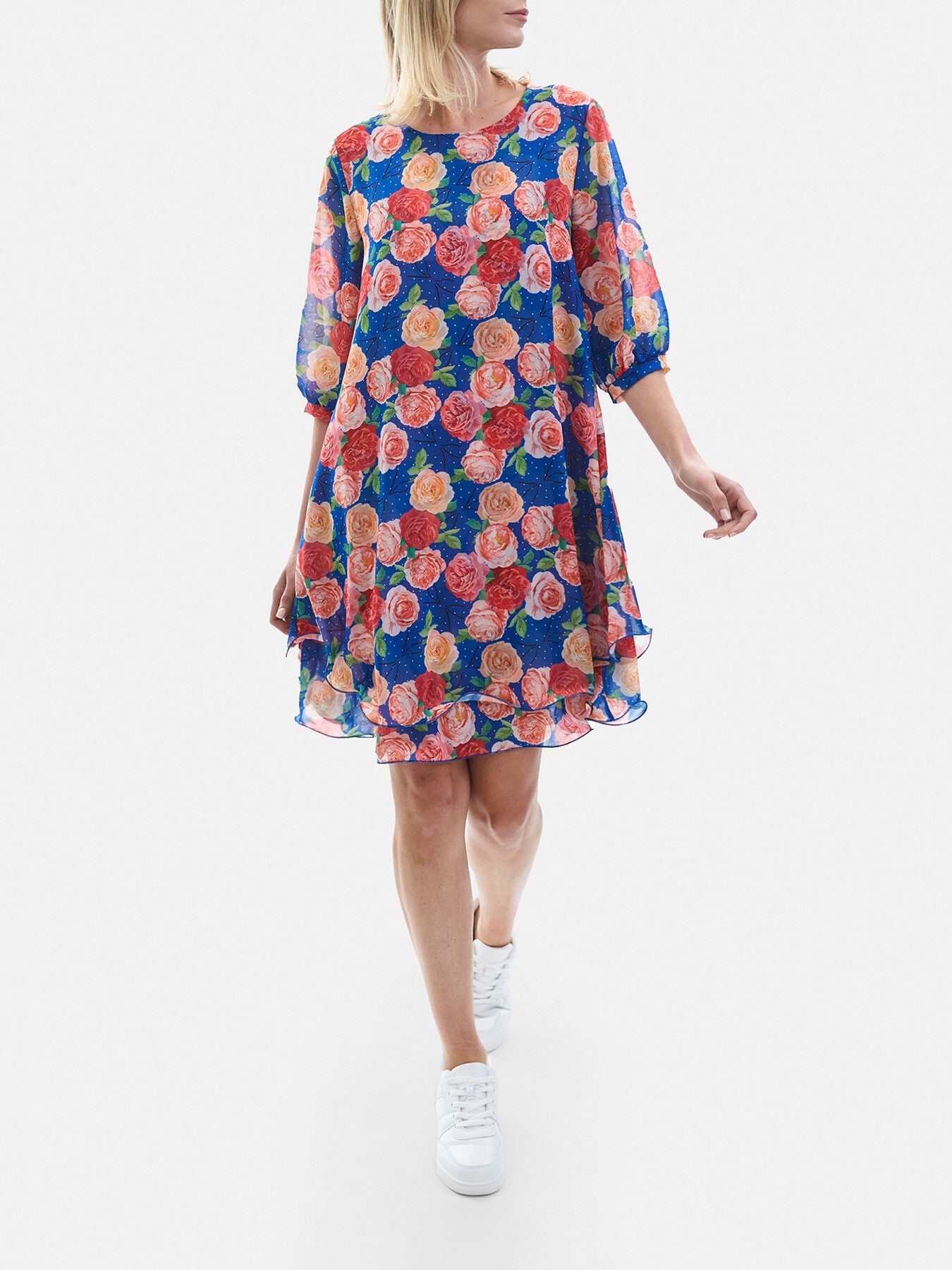 Rose Print Wave Hem Dress