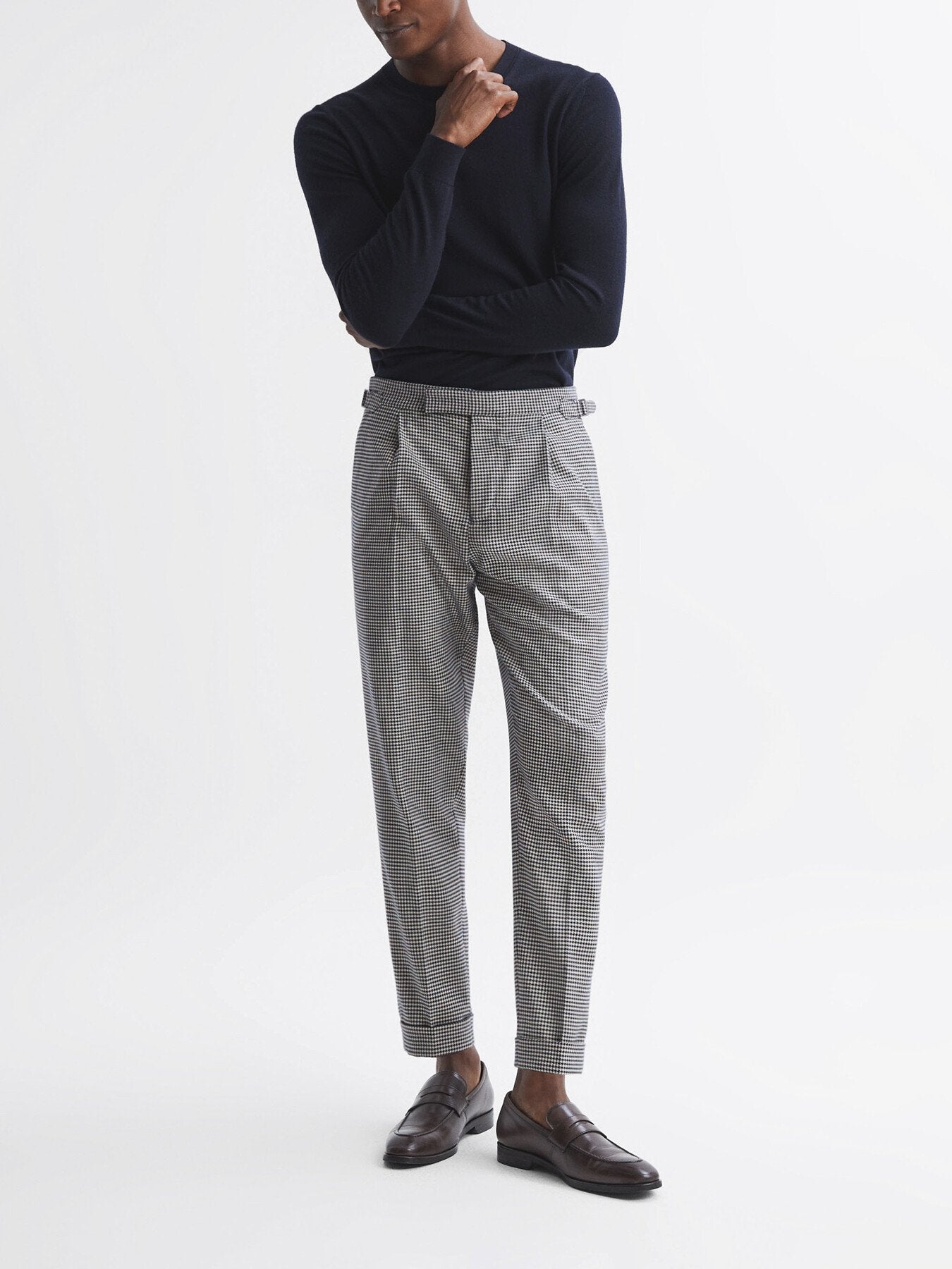 Navy BlueArcade Slim Fit Puppytooth Adjuster Trousers