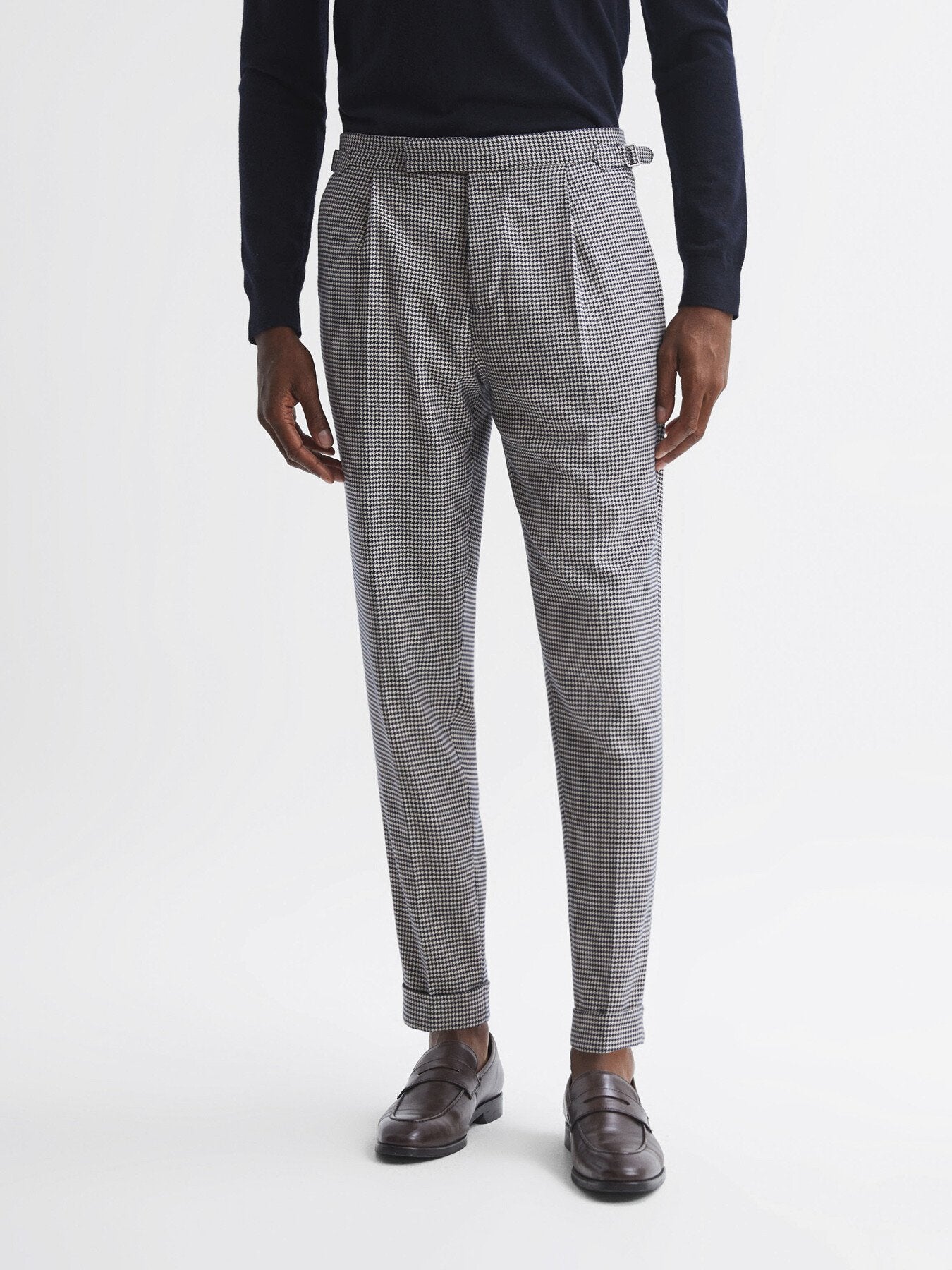 Navy BlueArcade Slim Fit Puppytooth Adjuster Trousers