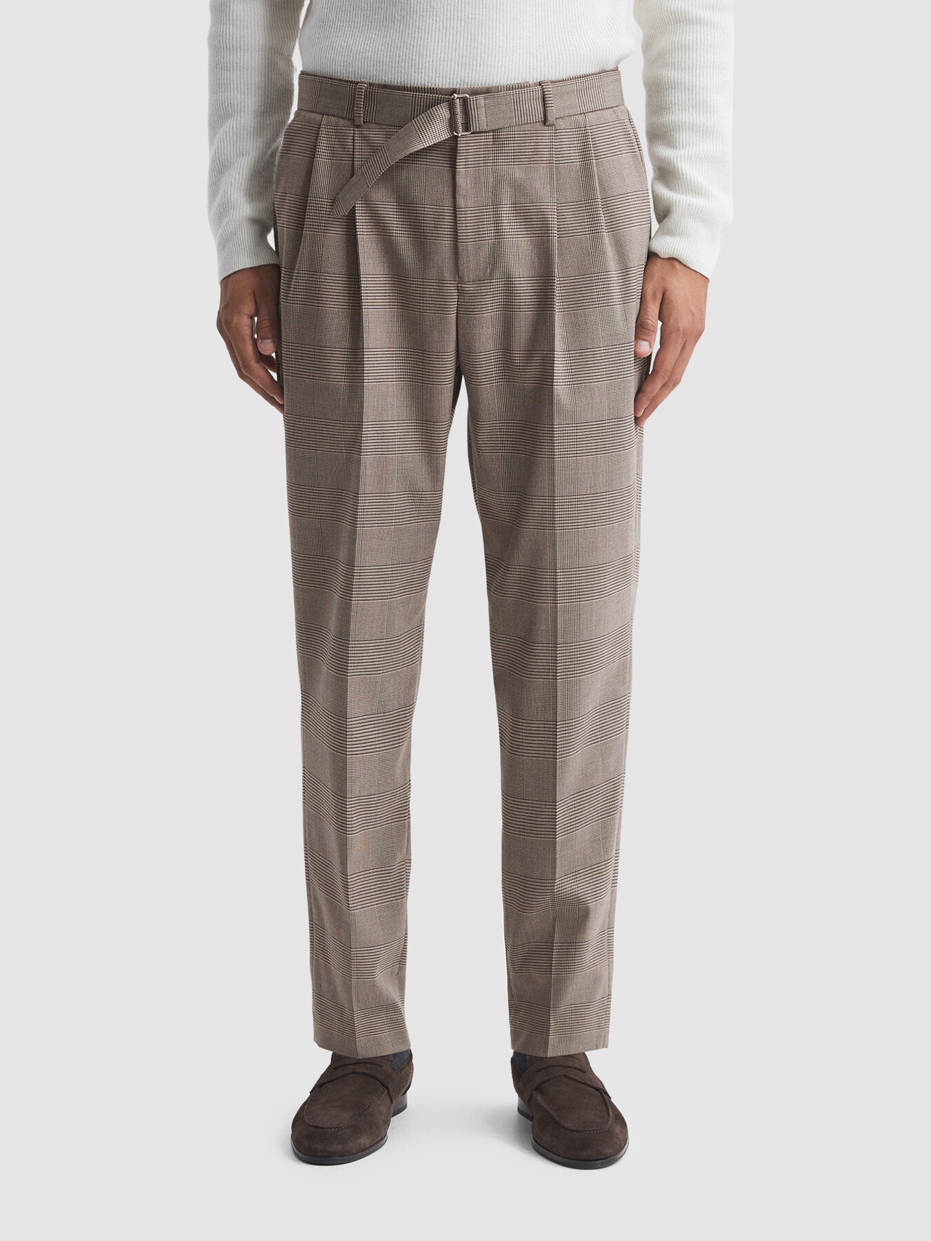 Mid BrownRail Prince Of Wales Check Belted Trousers