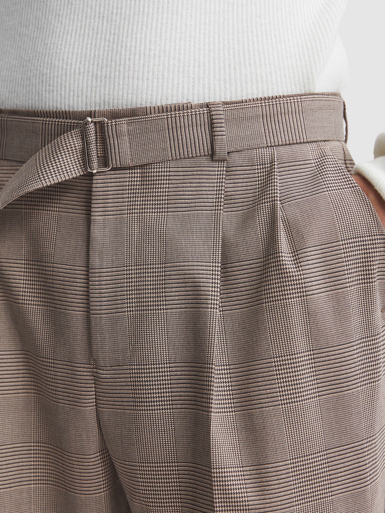 Mid BrownRail Prince Of Wales Check Belted Trousers