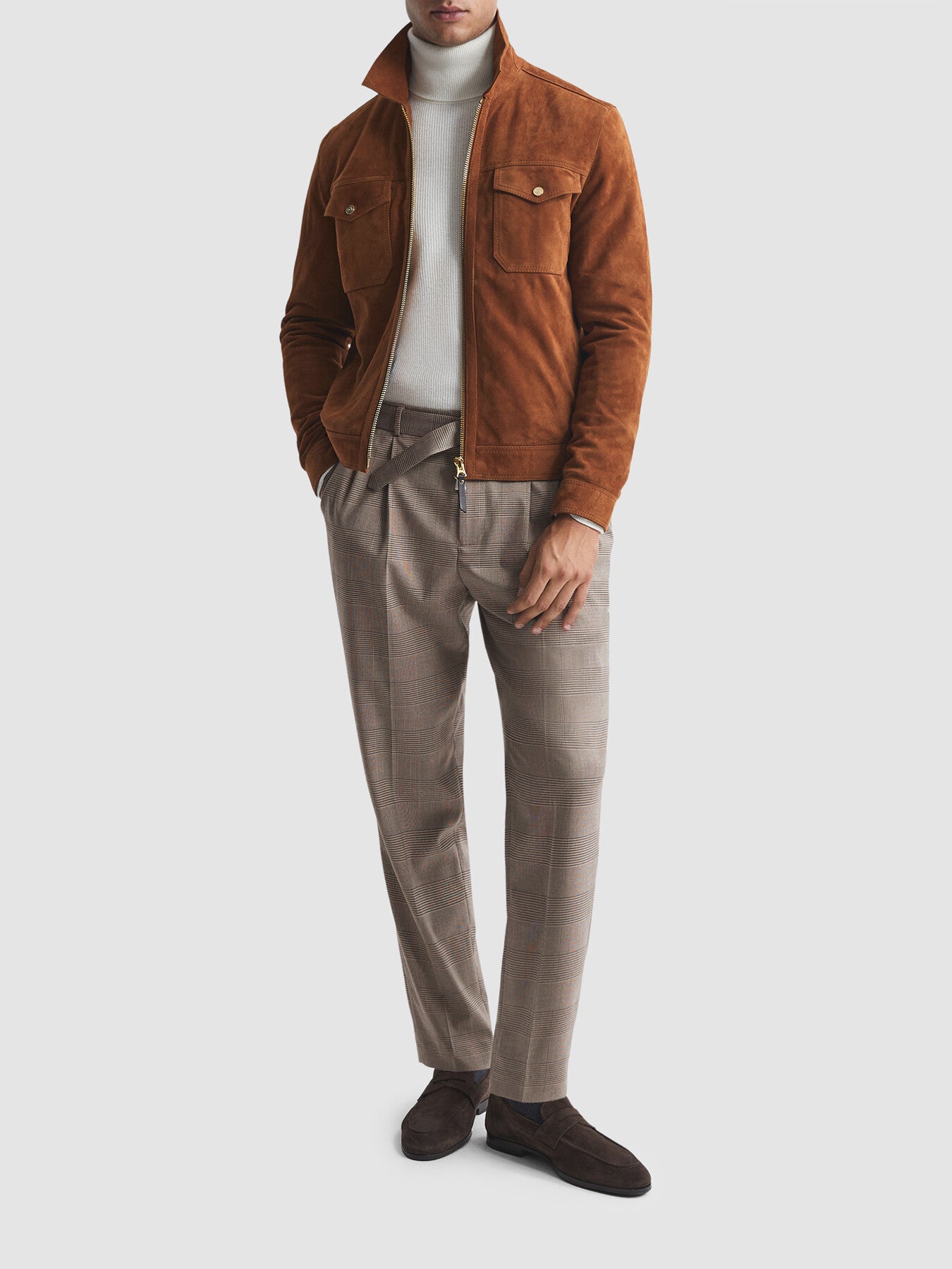 Mid BrownRail Prince Of Wales Check Belted Trousers