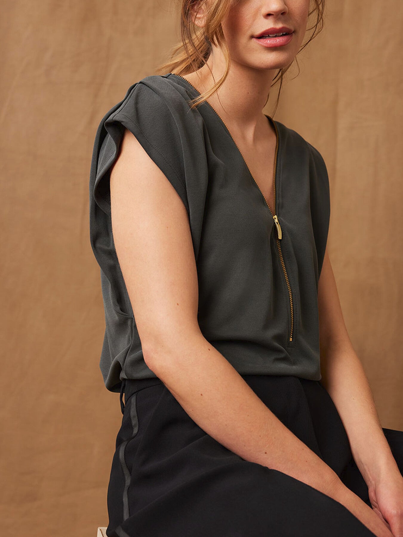 Khaki Zipped T-Shirt