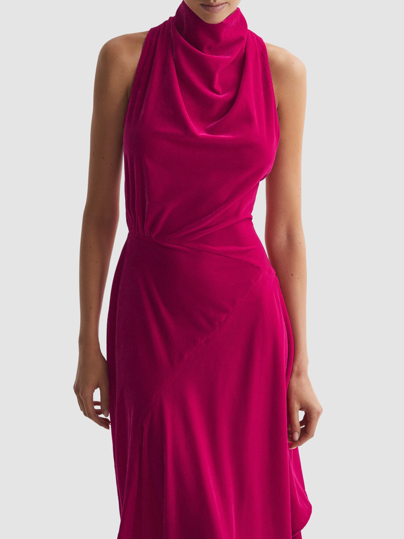 Giannon Velvet Funnel Neck Asymmetric Midi Dress