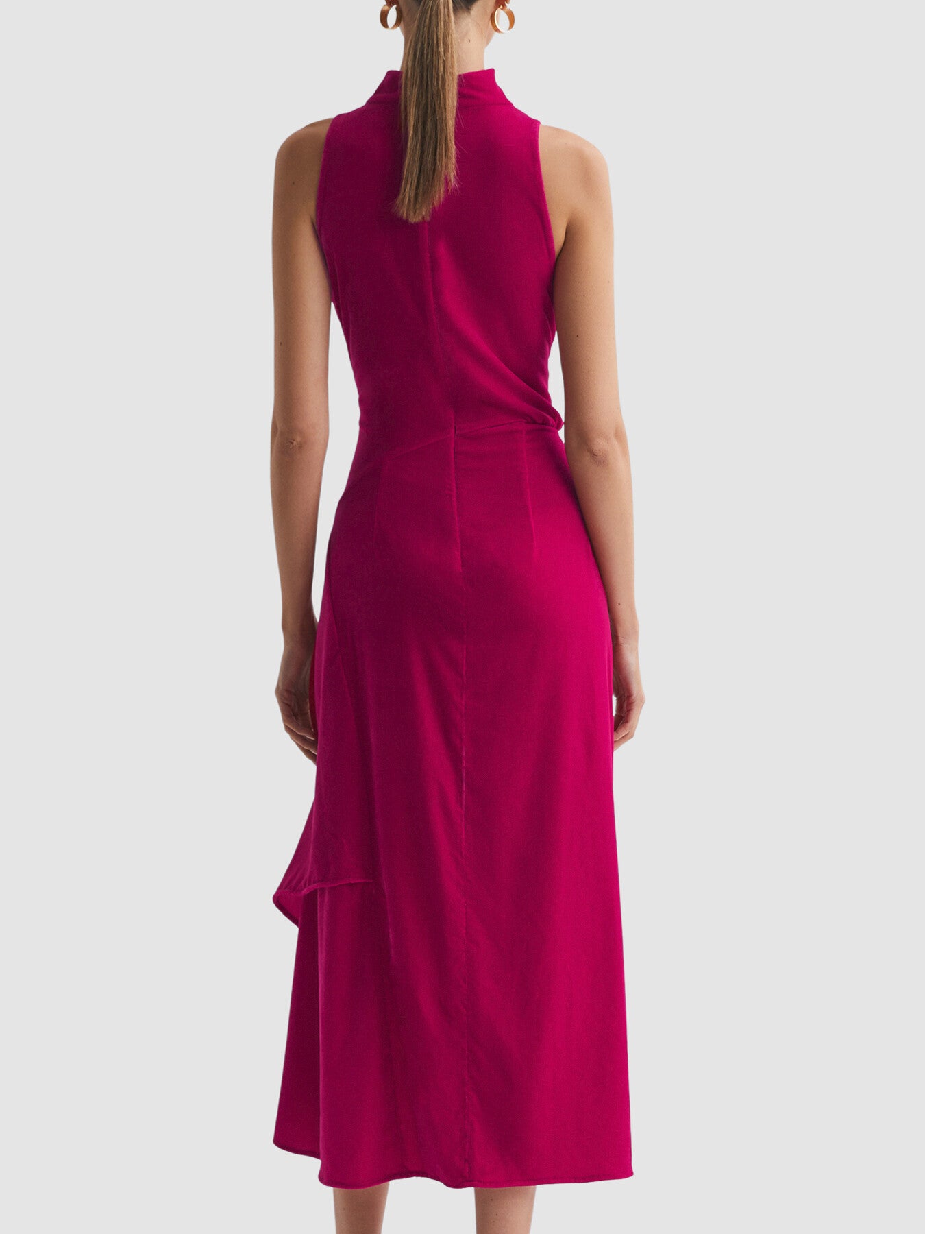 Giannon Velvet Funnel Neck Asymmetric Midi Dress