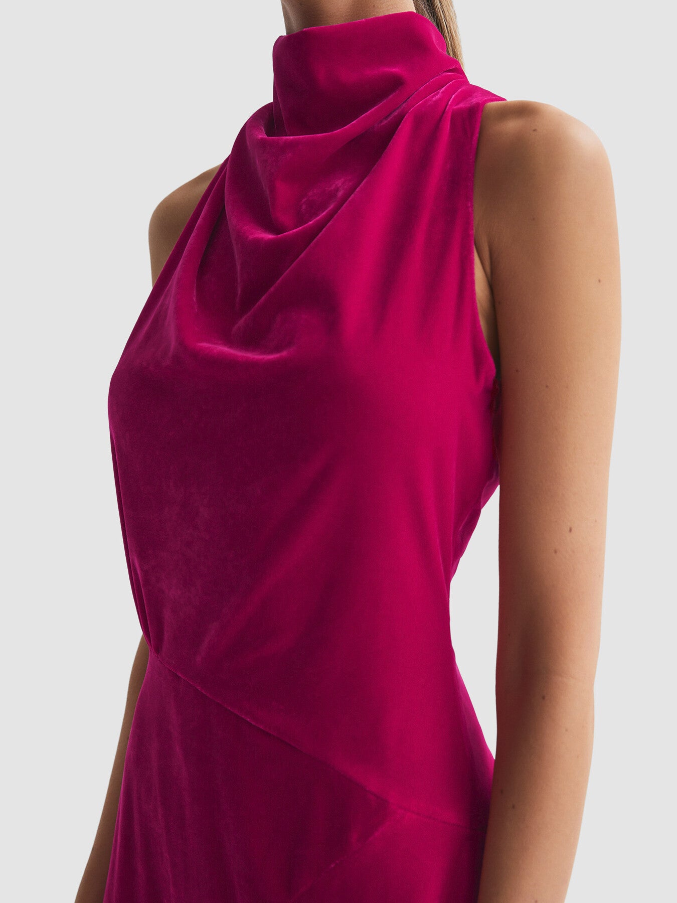 Giannon Velvet Funnel Neck Asymmetric Midi Dress