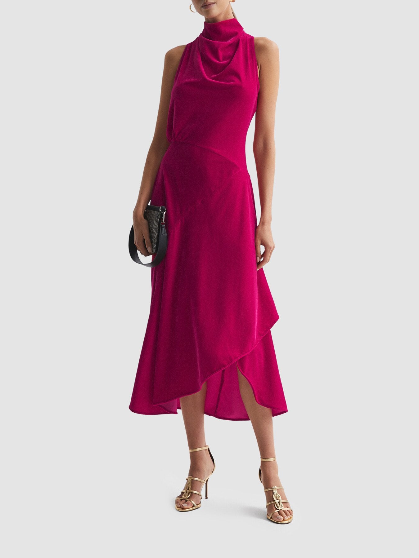 Giannon Velvet Funnel Neck Asymmetric Midi Dress
