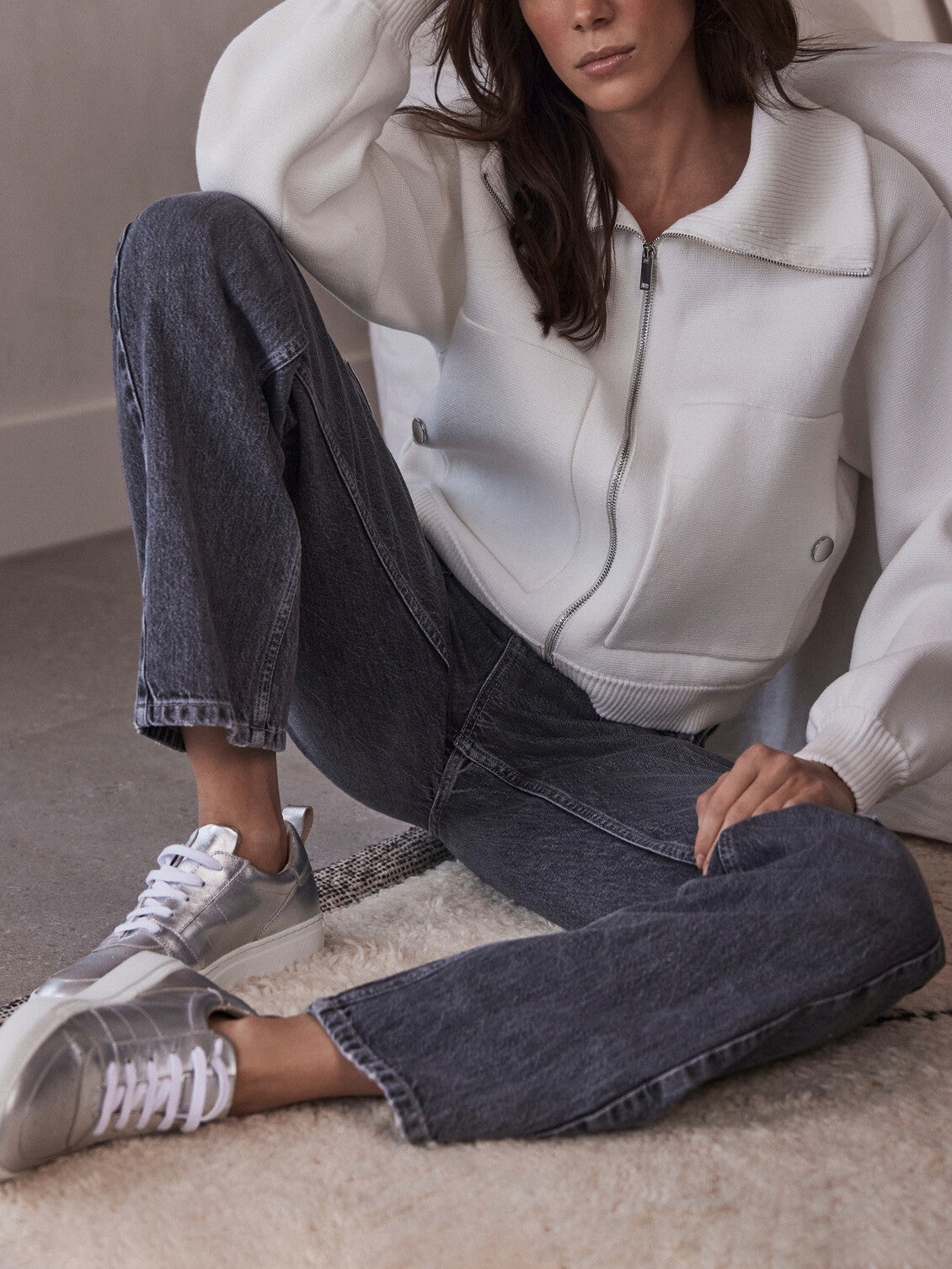 Cream Knitted Bomber Jacket