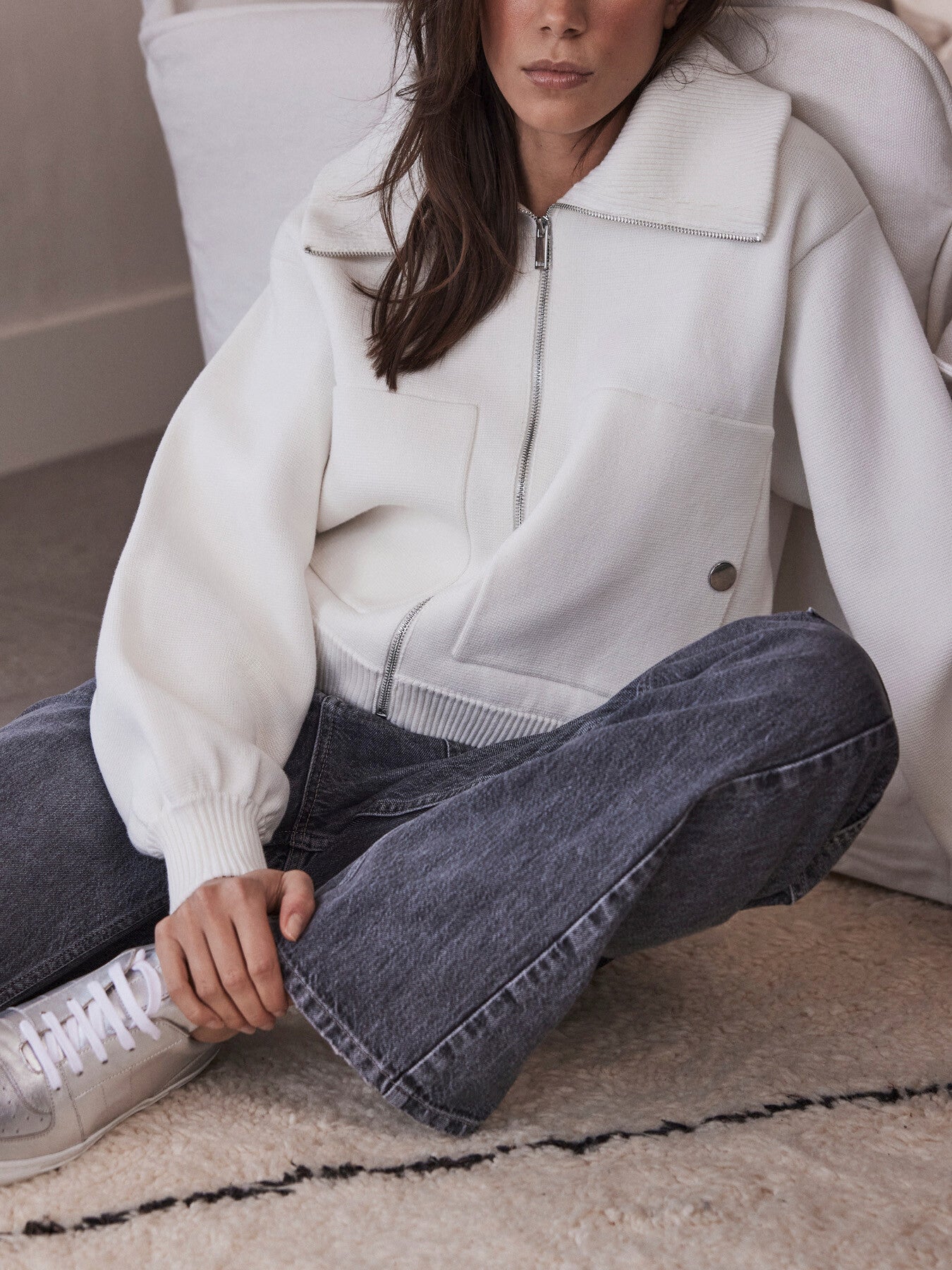 Cream Knitted Bomber Jacket