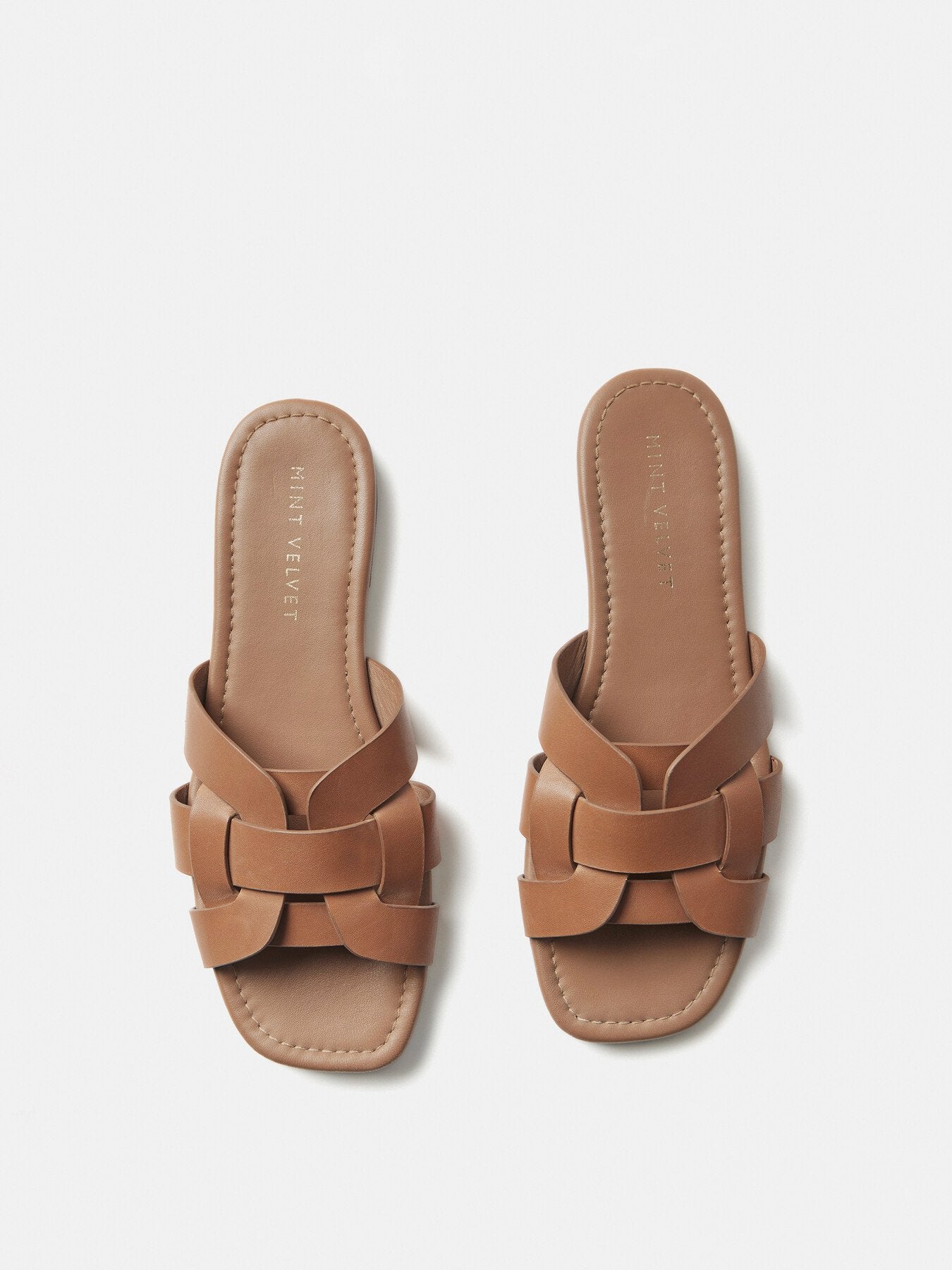 Tan Leather Woven Flat Sandals