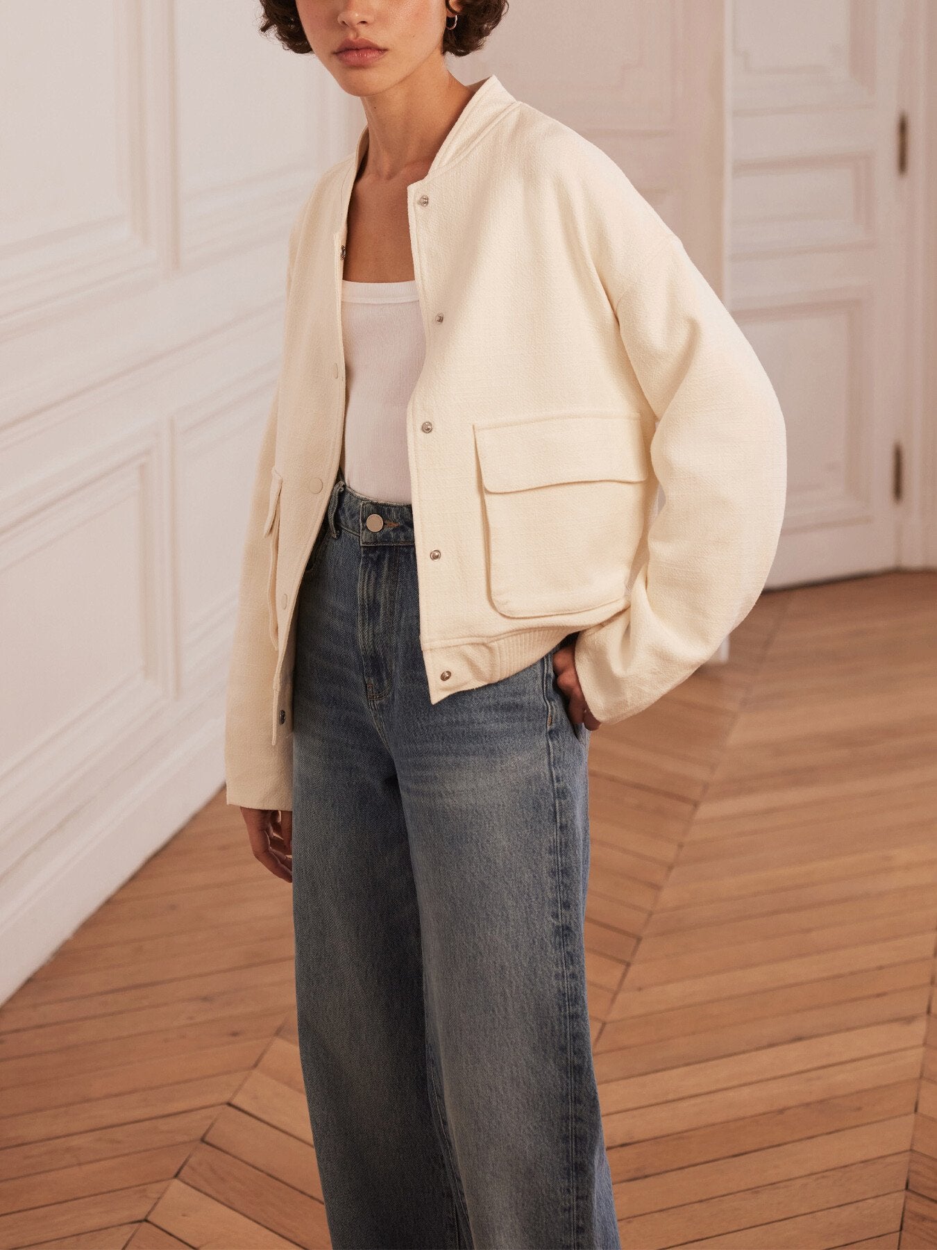 Cream Textured Bomber Jacket