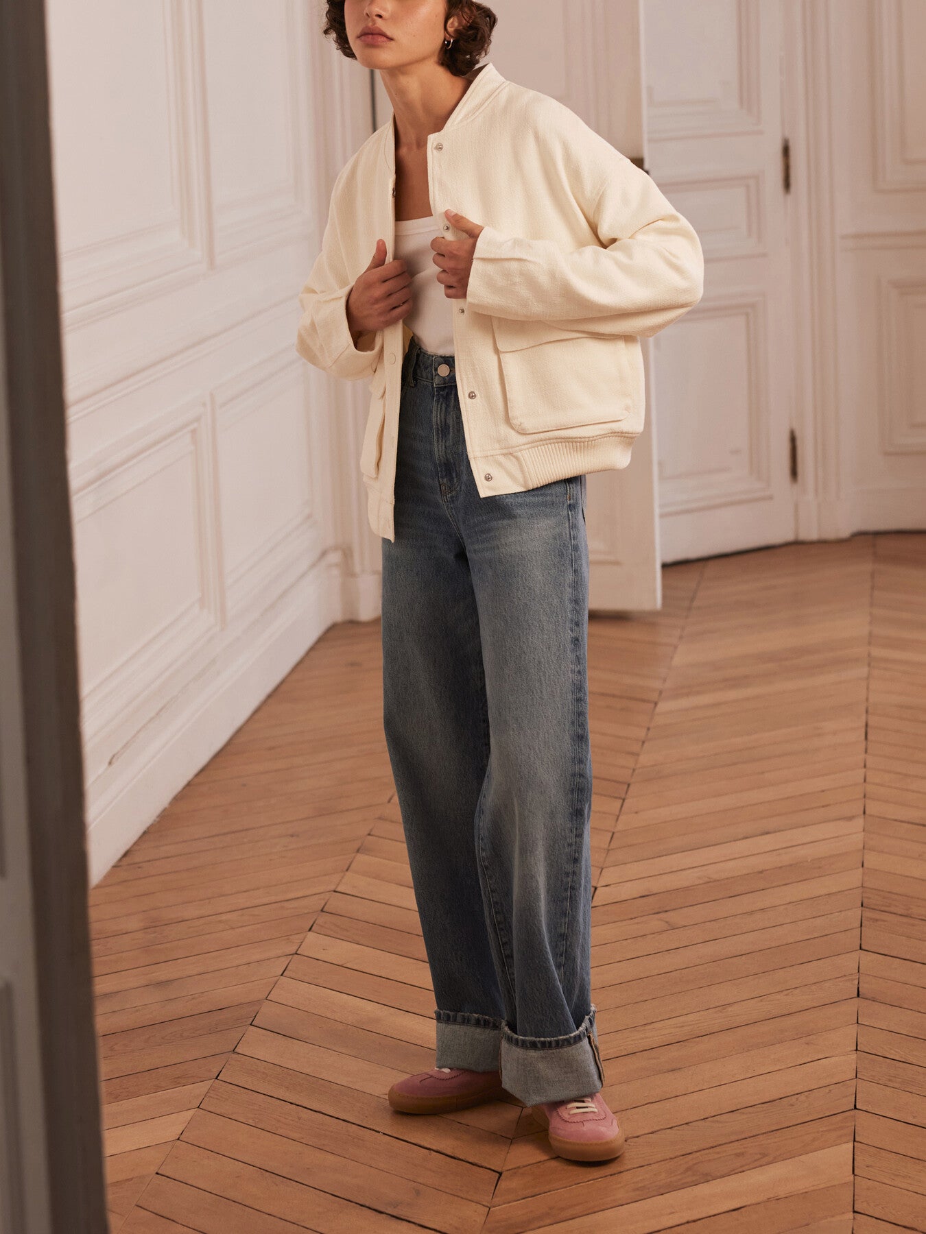 Cream Textured Bomber Jacket