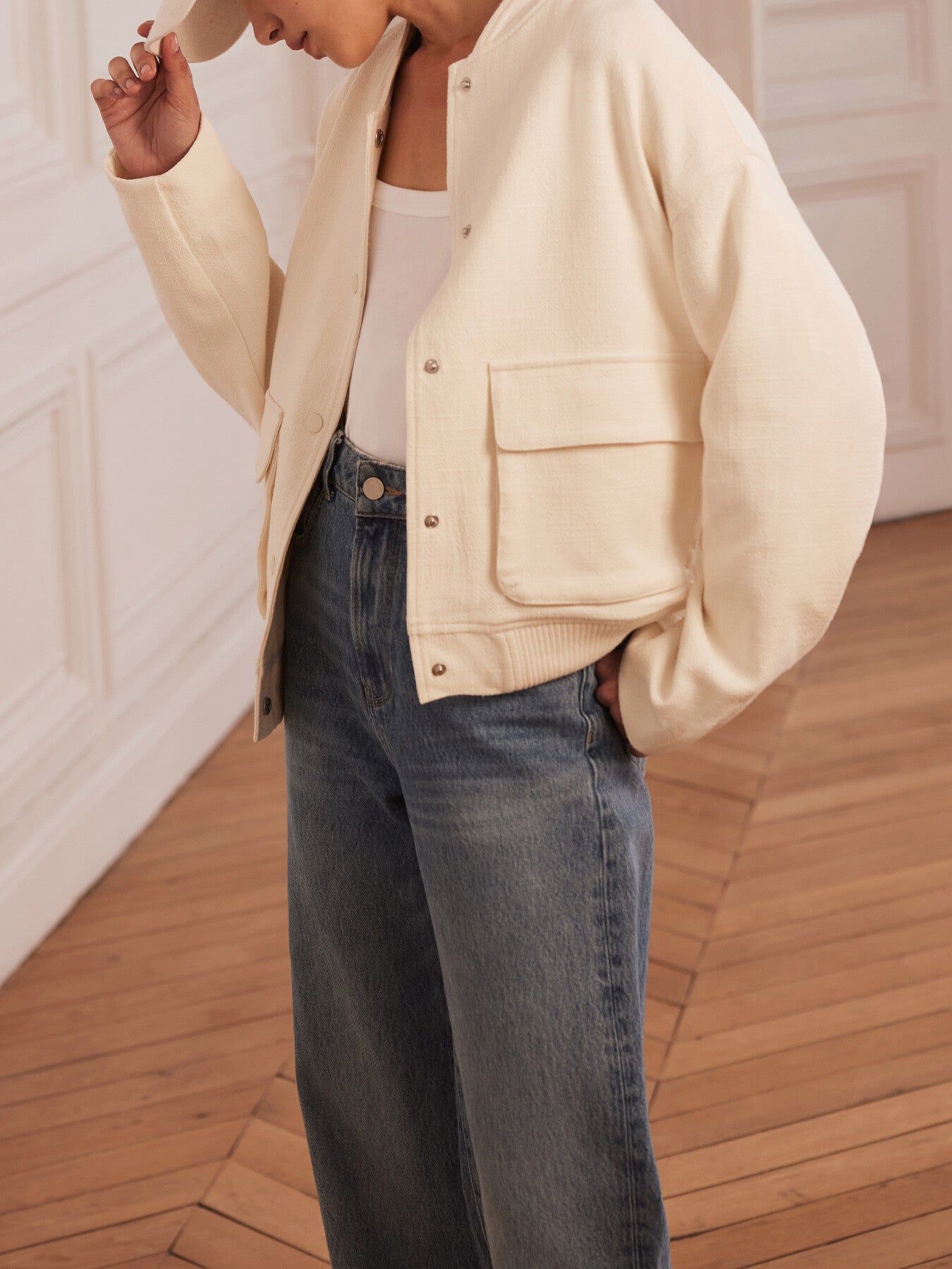 Cream Textured Bomber Jacket