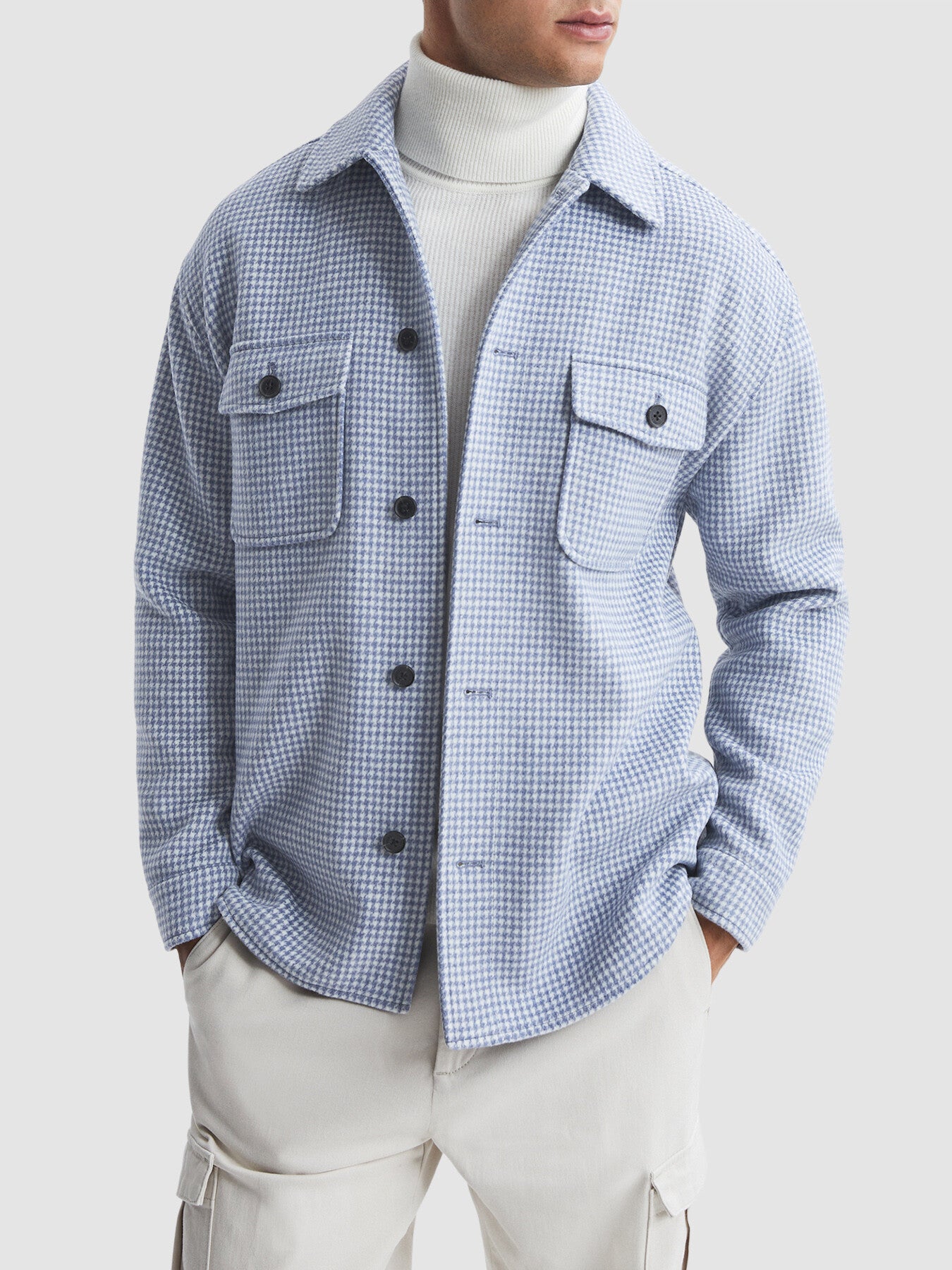 Pale BlueZack Houndstooth Button-Through Overshirt