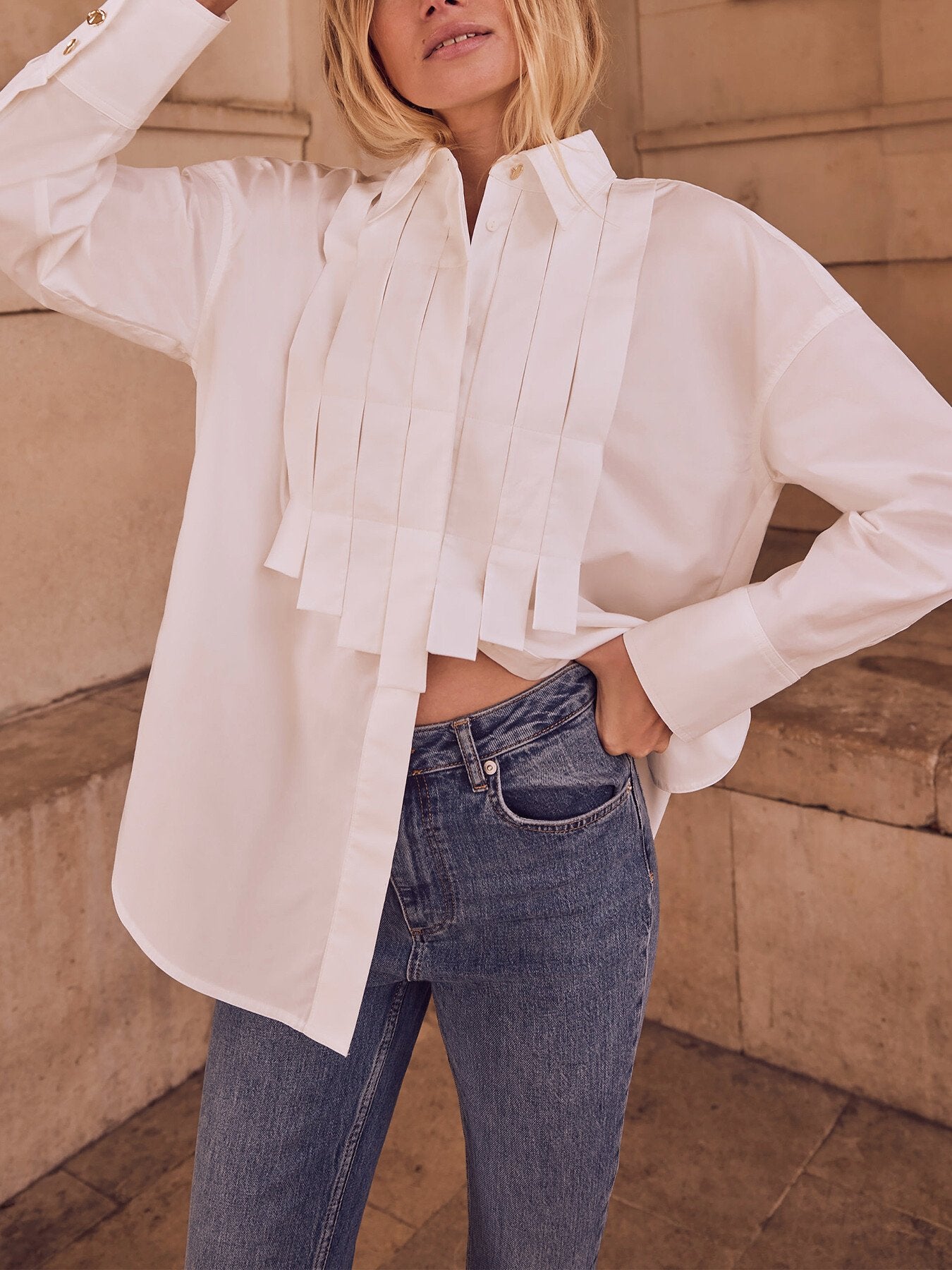 White Bib Detail Cotton Shirt