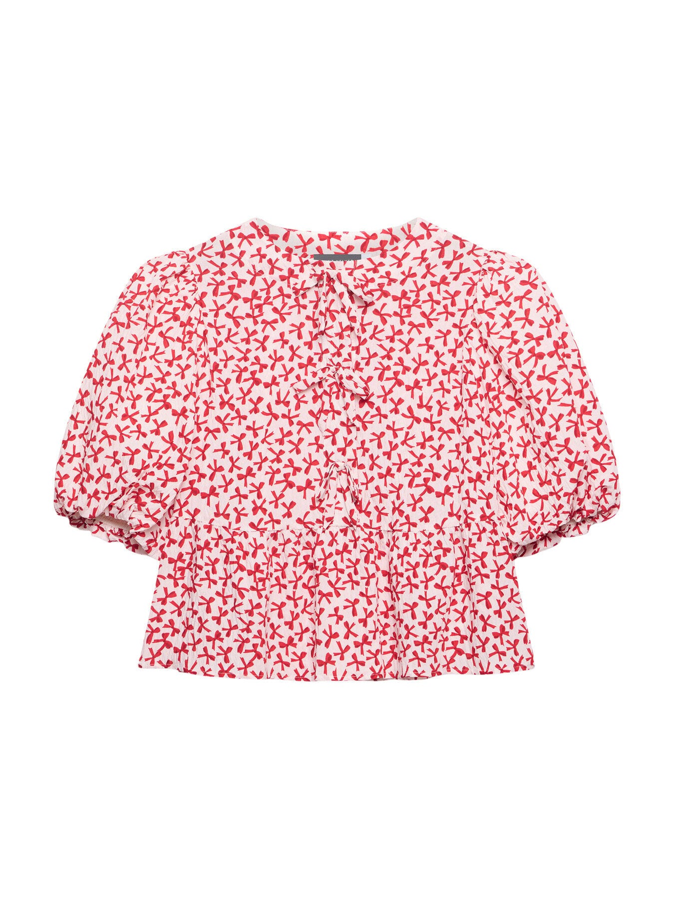 White Bow Print Puff Sleeve Top