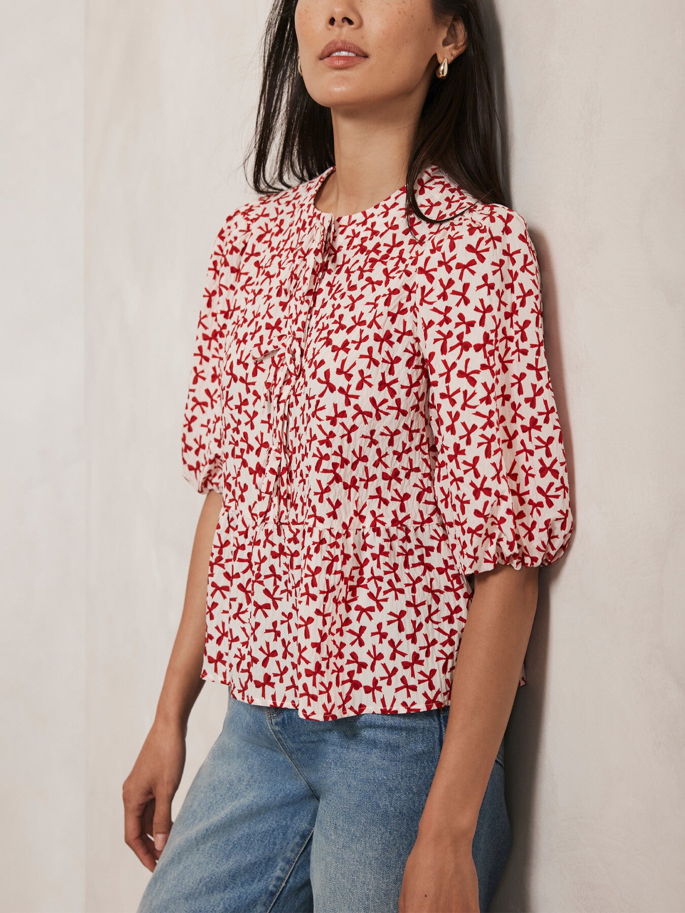 White Bow Print Puff Sleeve Top