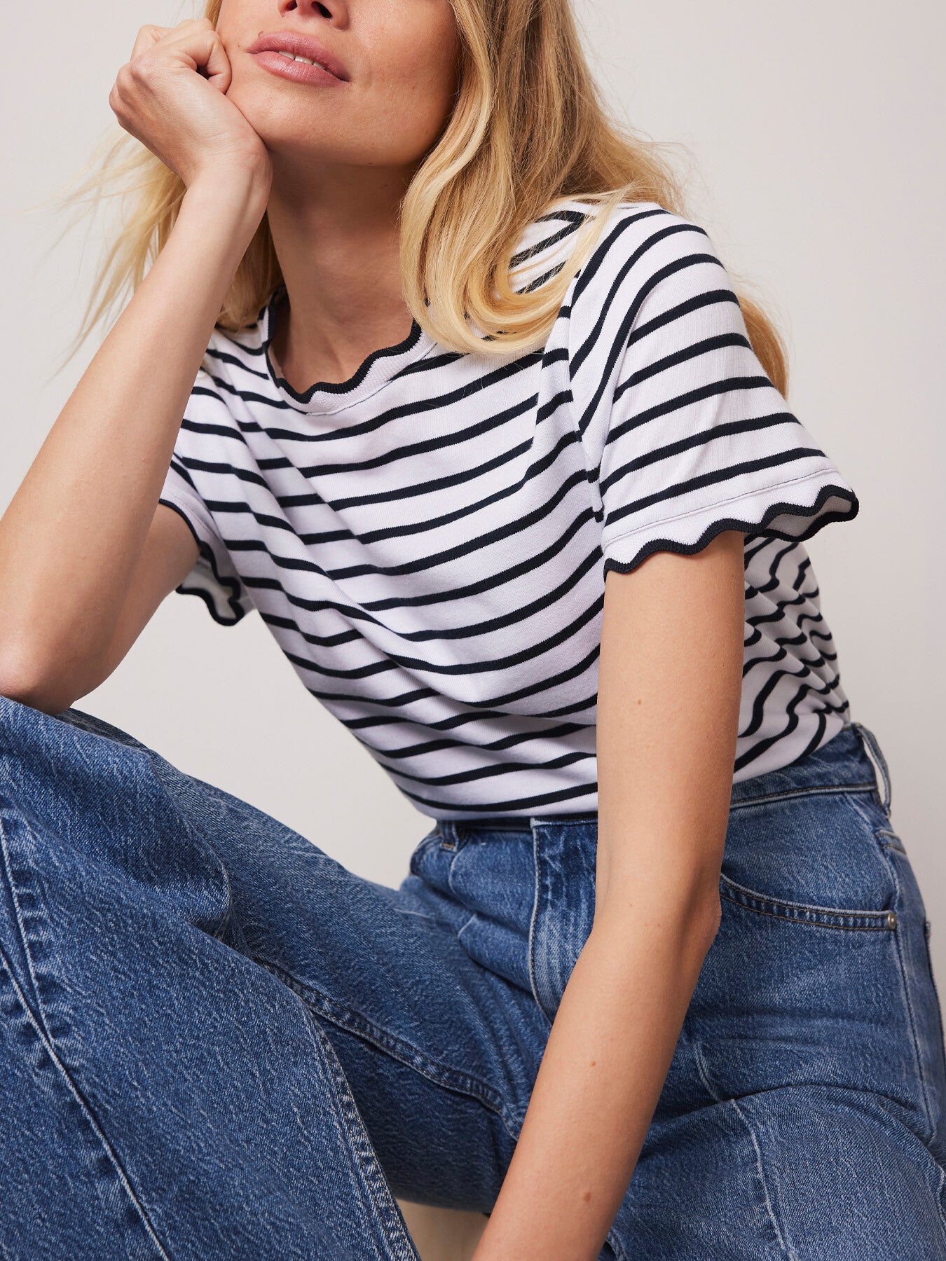 Cream Striped Scallop Trim T-Shirt