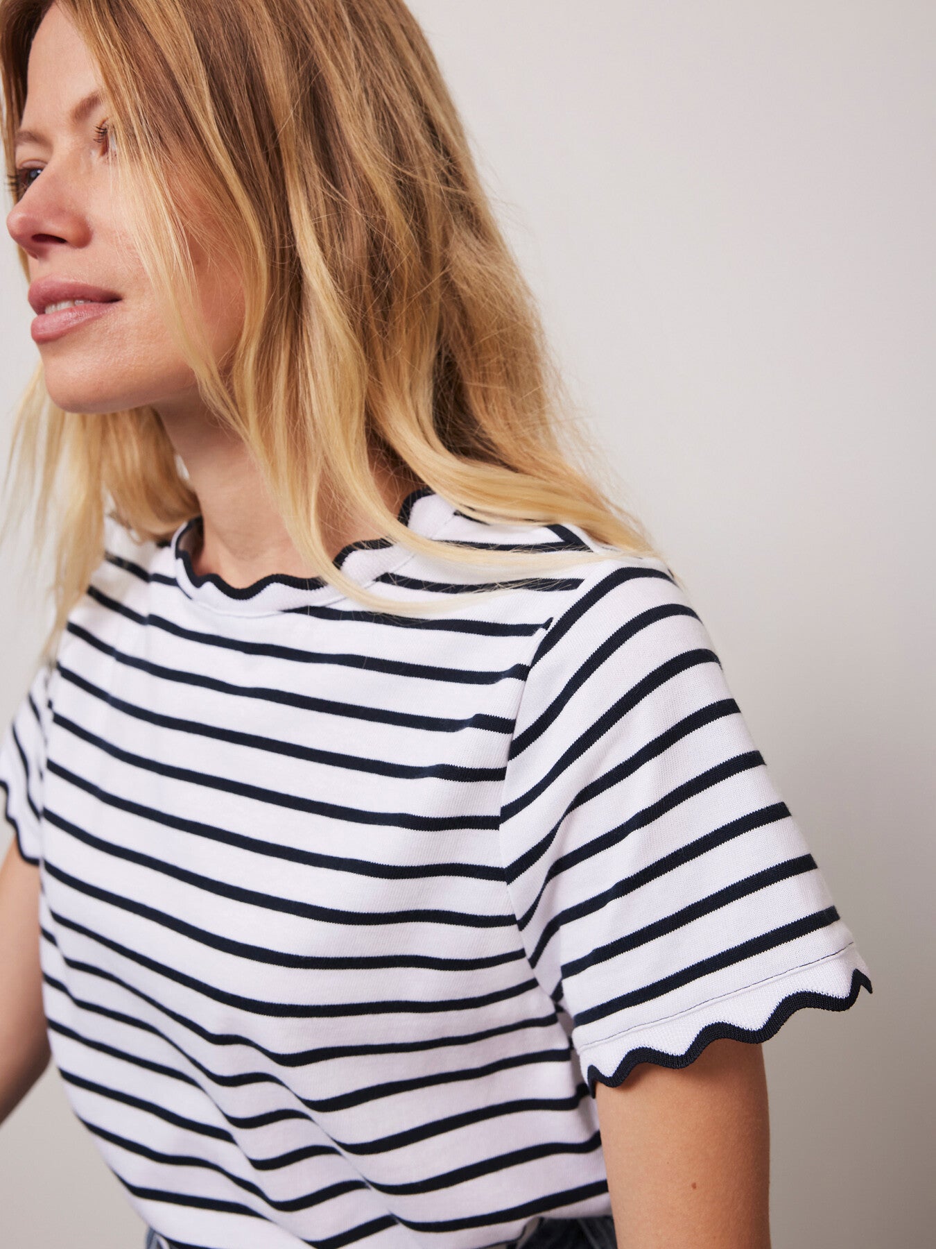 Cream Striped Scallop Trim T-Shirt