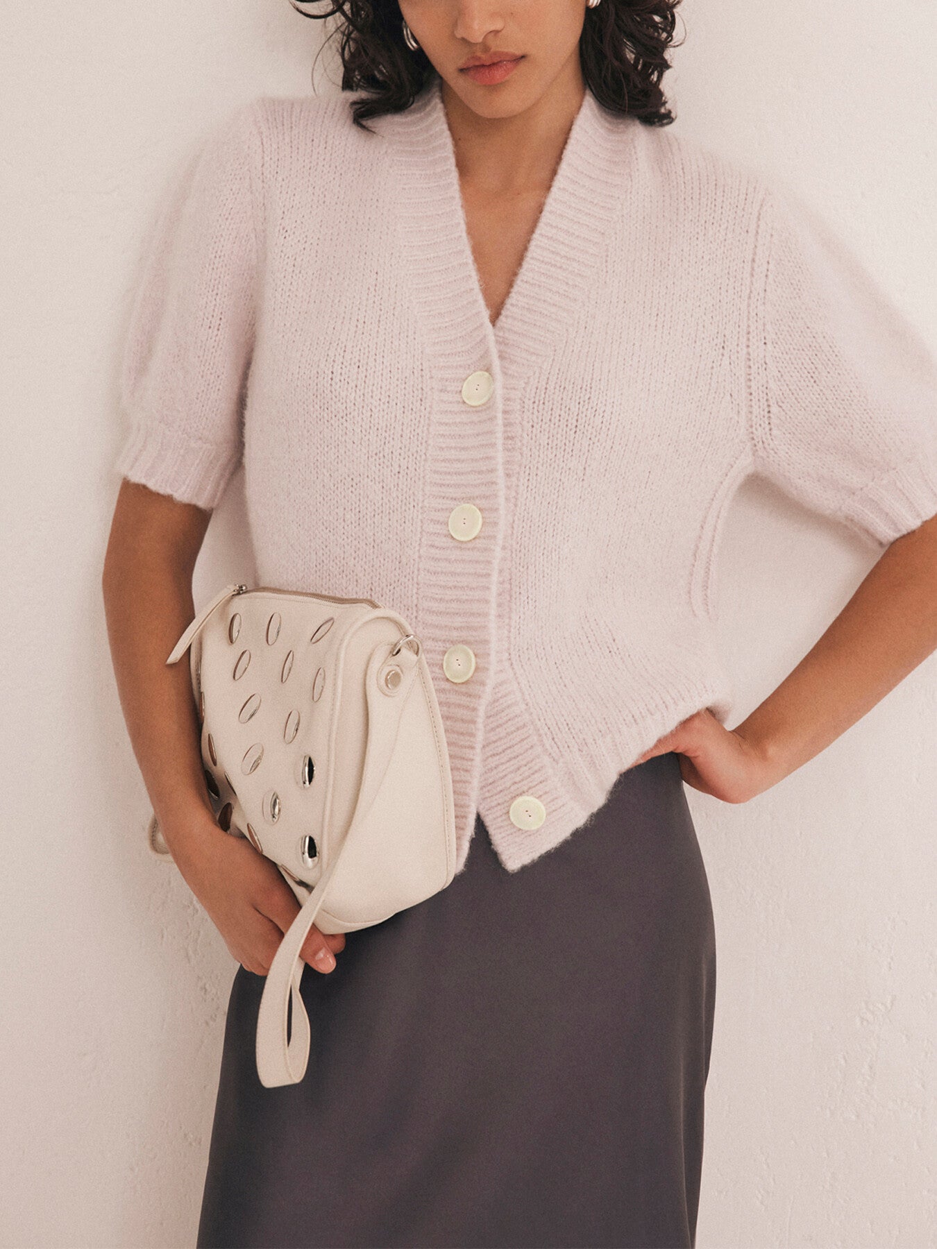 Pink Wool Blend Knit Cardigan