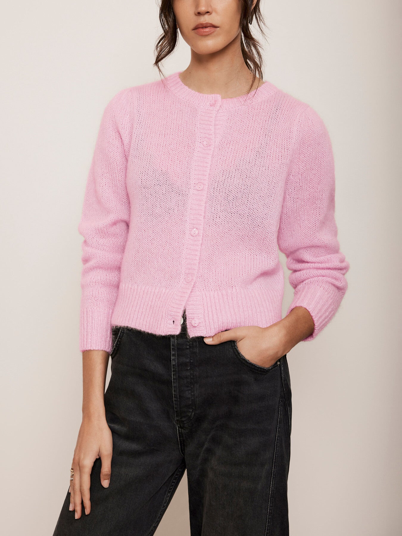 Pink Lightweight Wool Blend Knit Cardigan