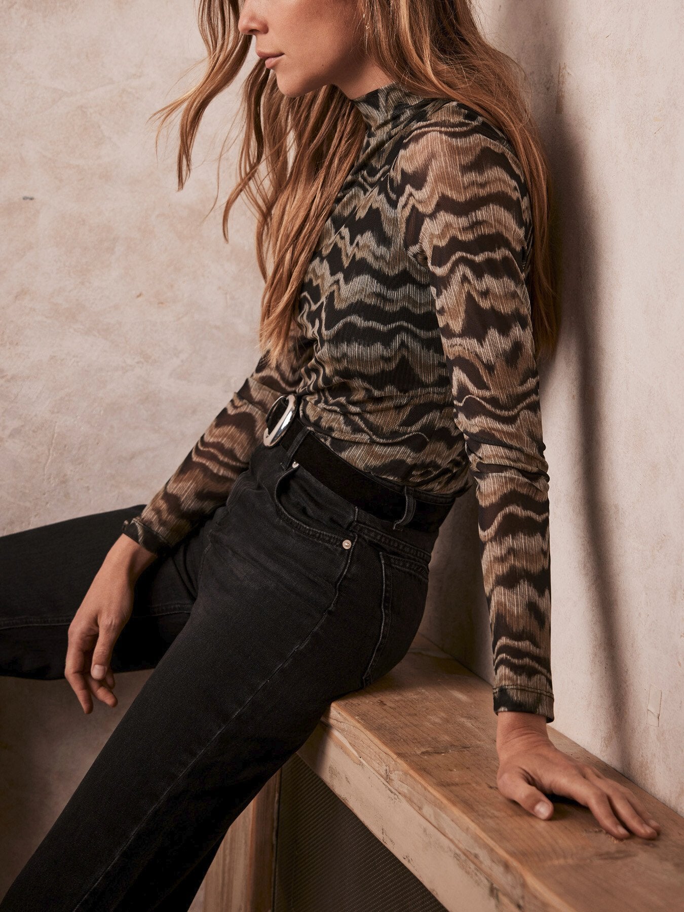 Neutral Abstract Print Mesh Top