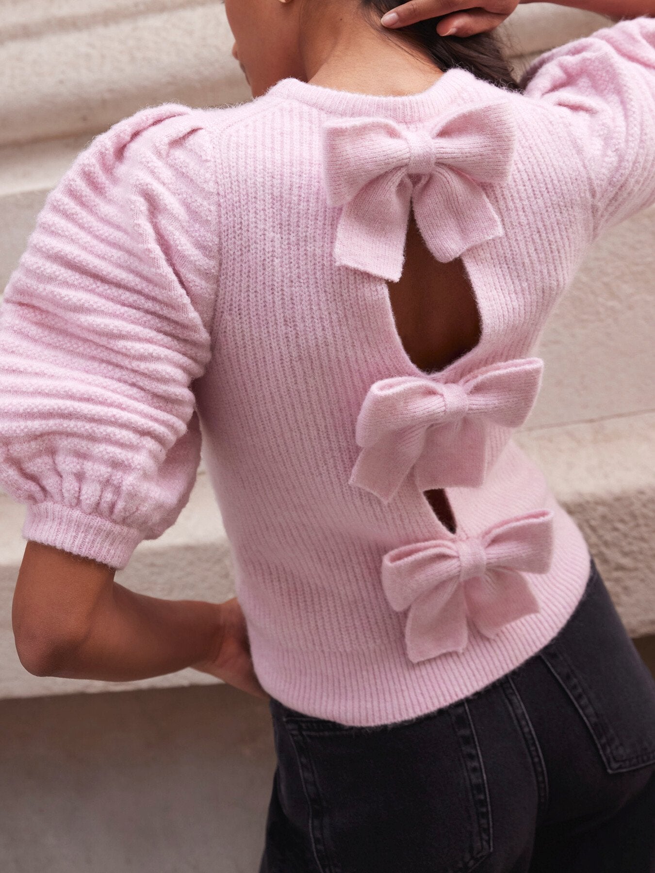 Pink Wool Blend Bow Back Knit Top