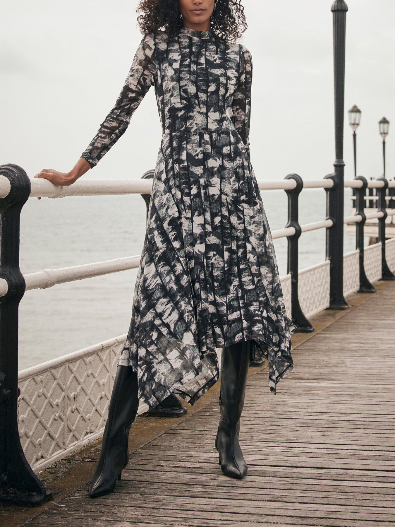 Abstract Print Mesh Midi Dress