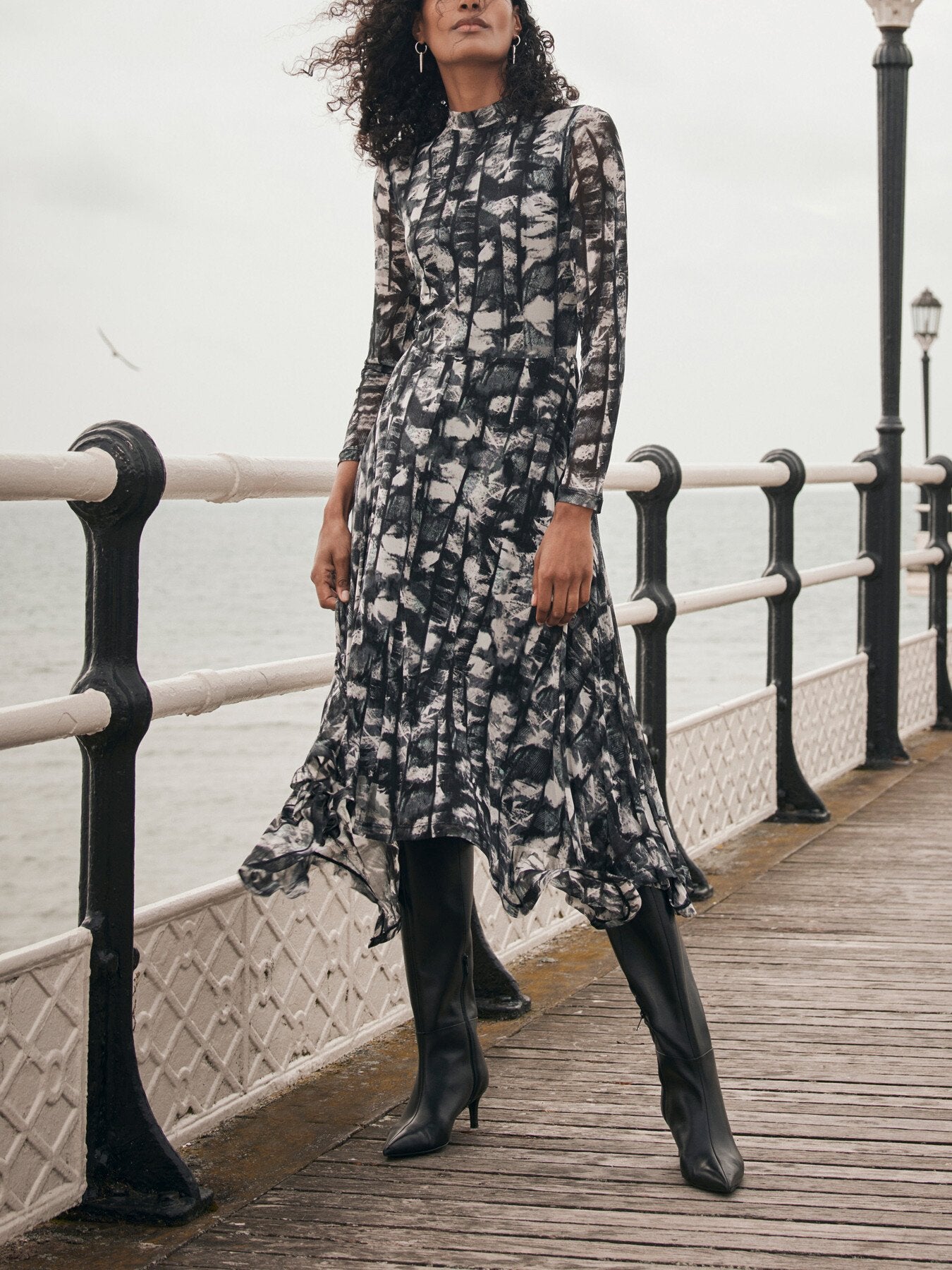Abstract Print Mesh Midi Dress