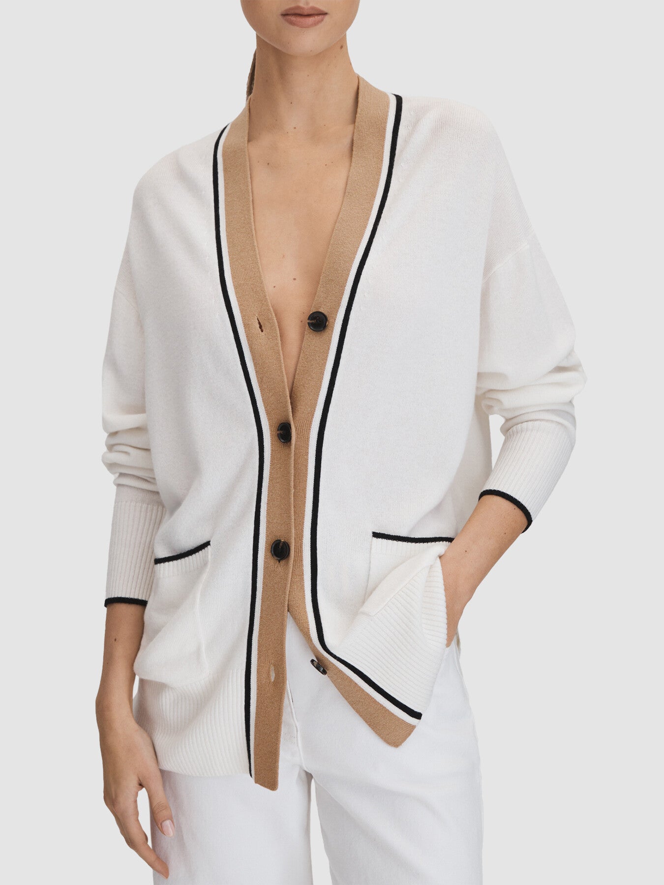 Carly Wool Blend Contrast Trim Cardigan