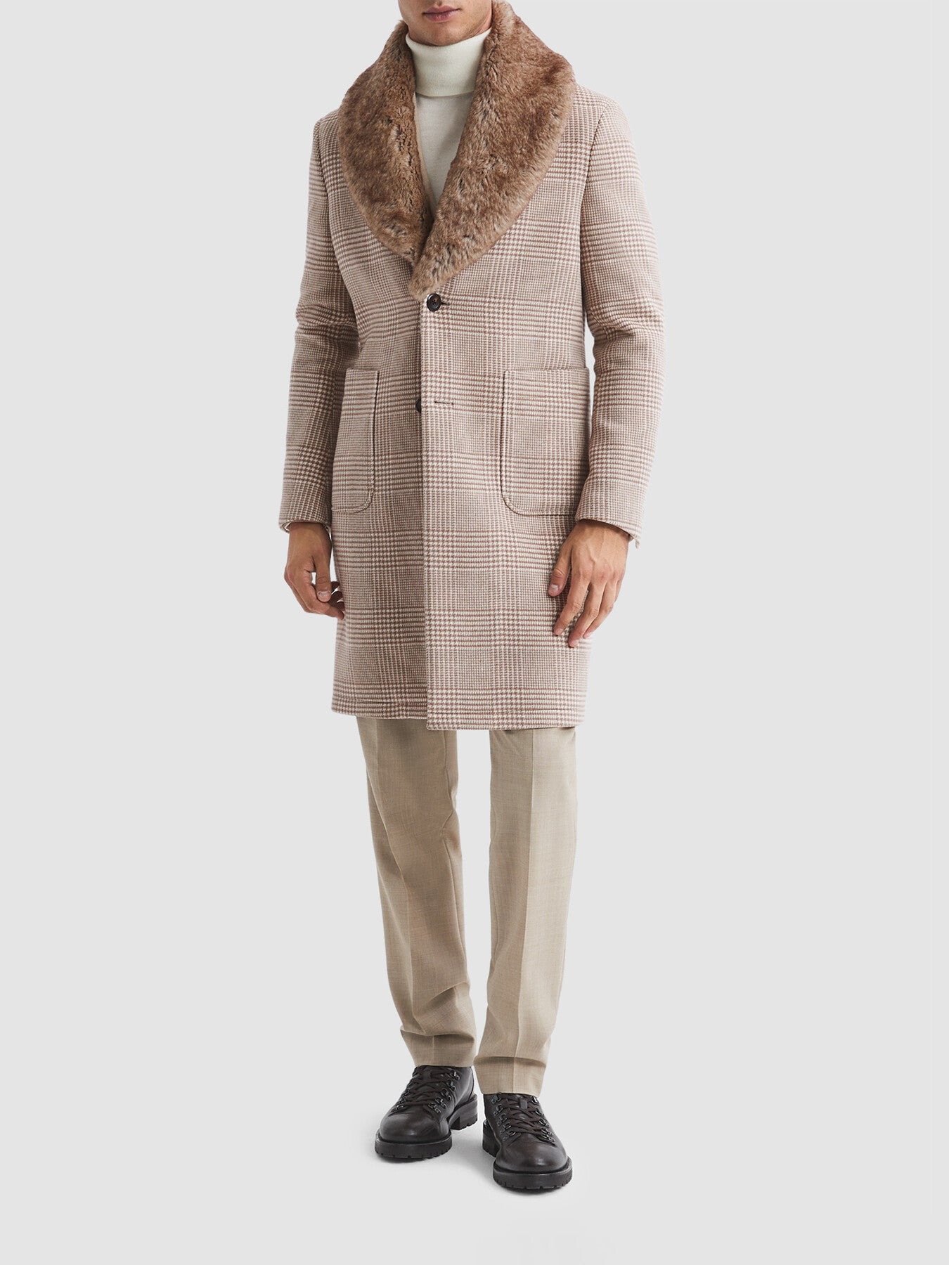NaturalJackie Wool Check Faux Fur Lapel Coat