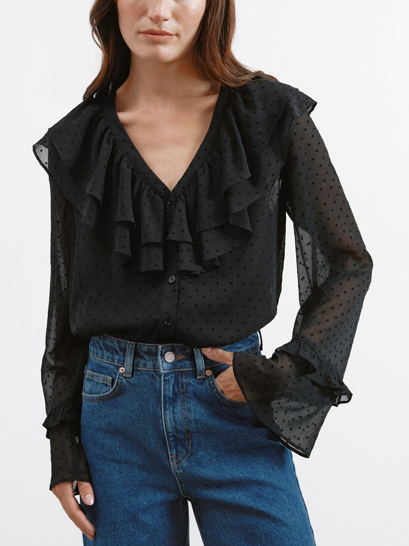 Flocked Spot Ruffle Blouse