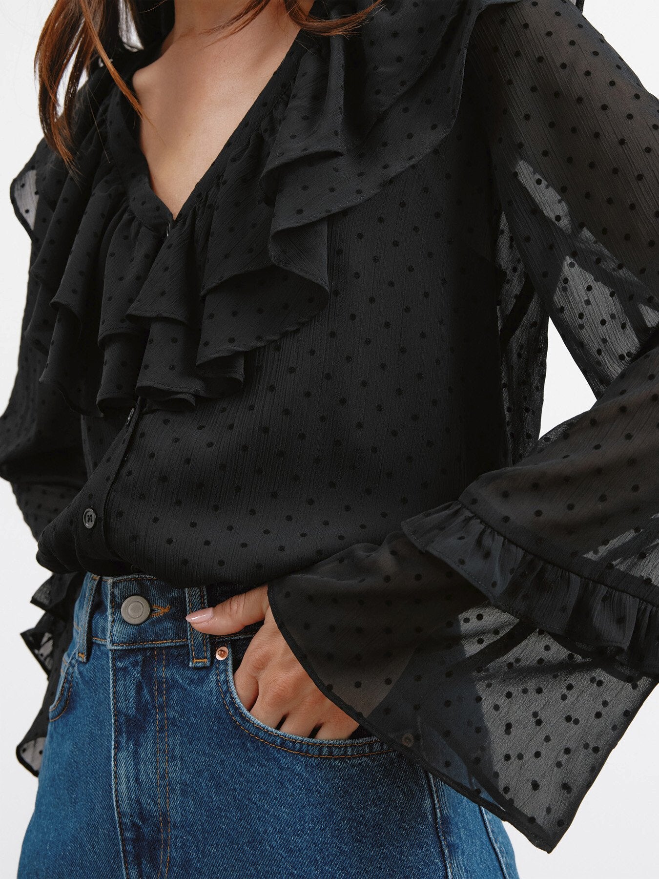Flocked Spot Ruffle Blouse