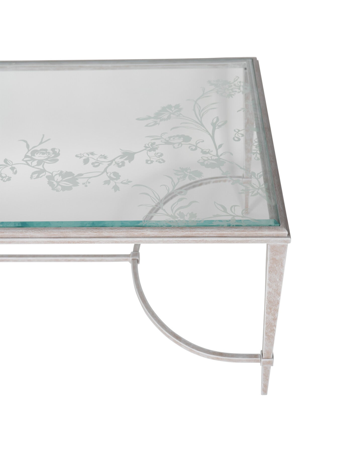 Aria Etched Glass Distressed White Iron Coffee Table
