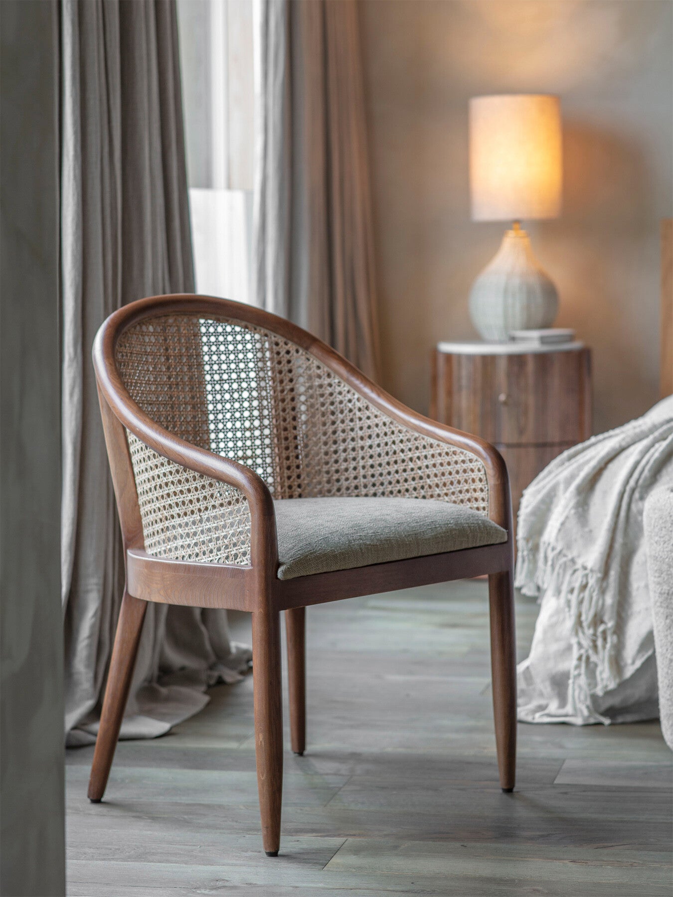 Carmel Oak Armchair With Cane and Upholstery